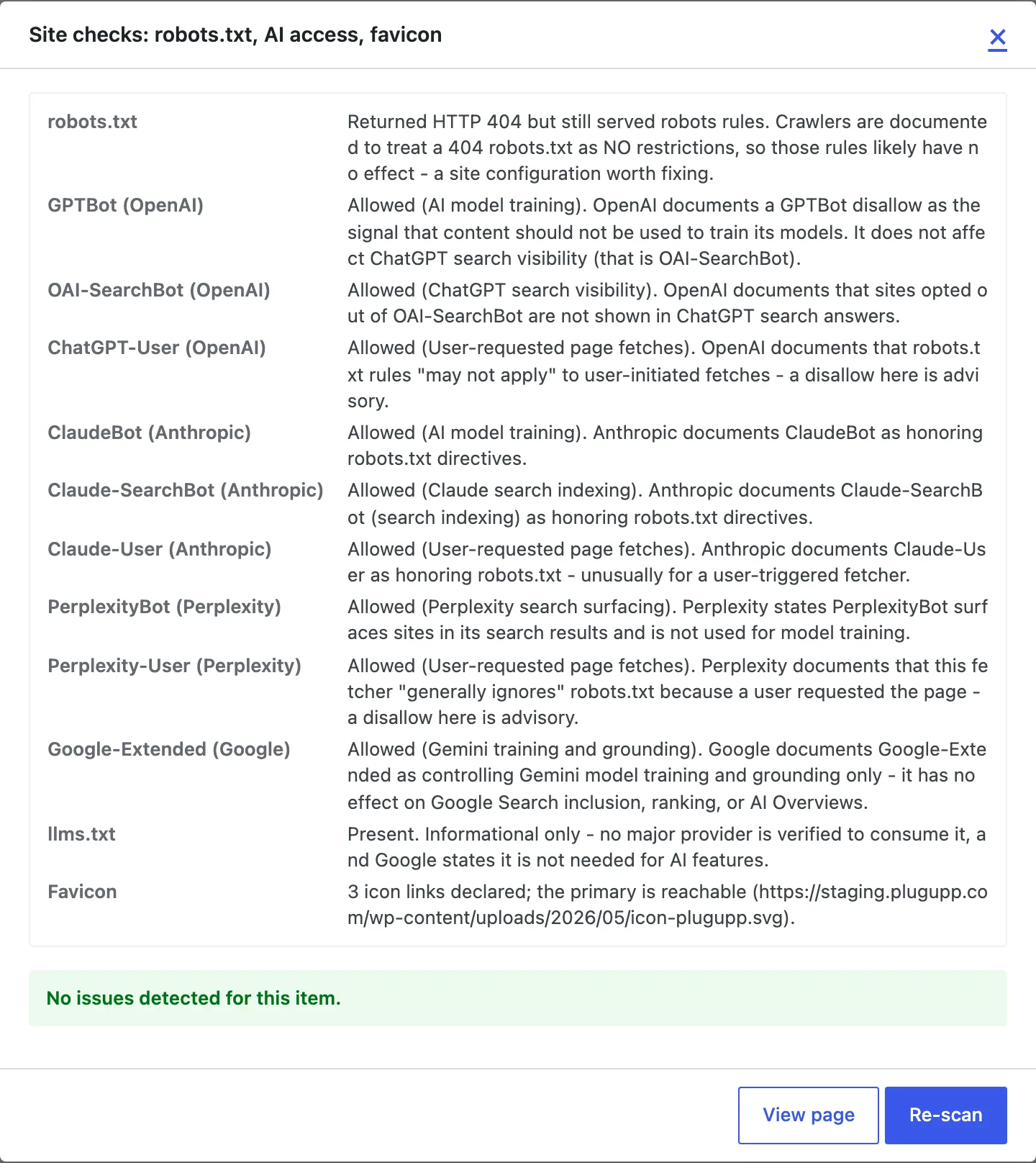 The AI access panel listing each documented AI crawler, its access and the provider's documented consequence