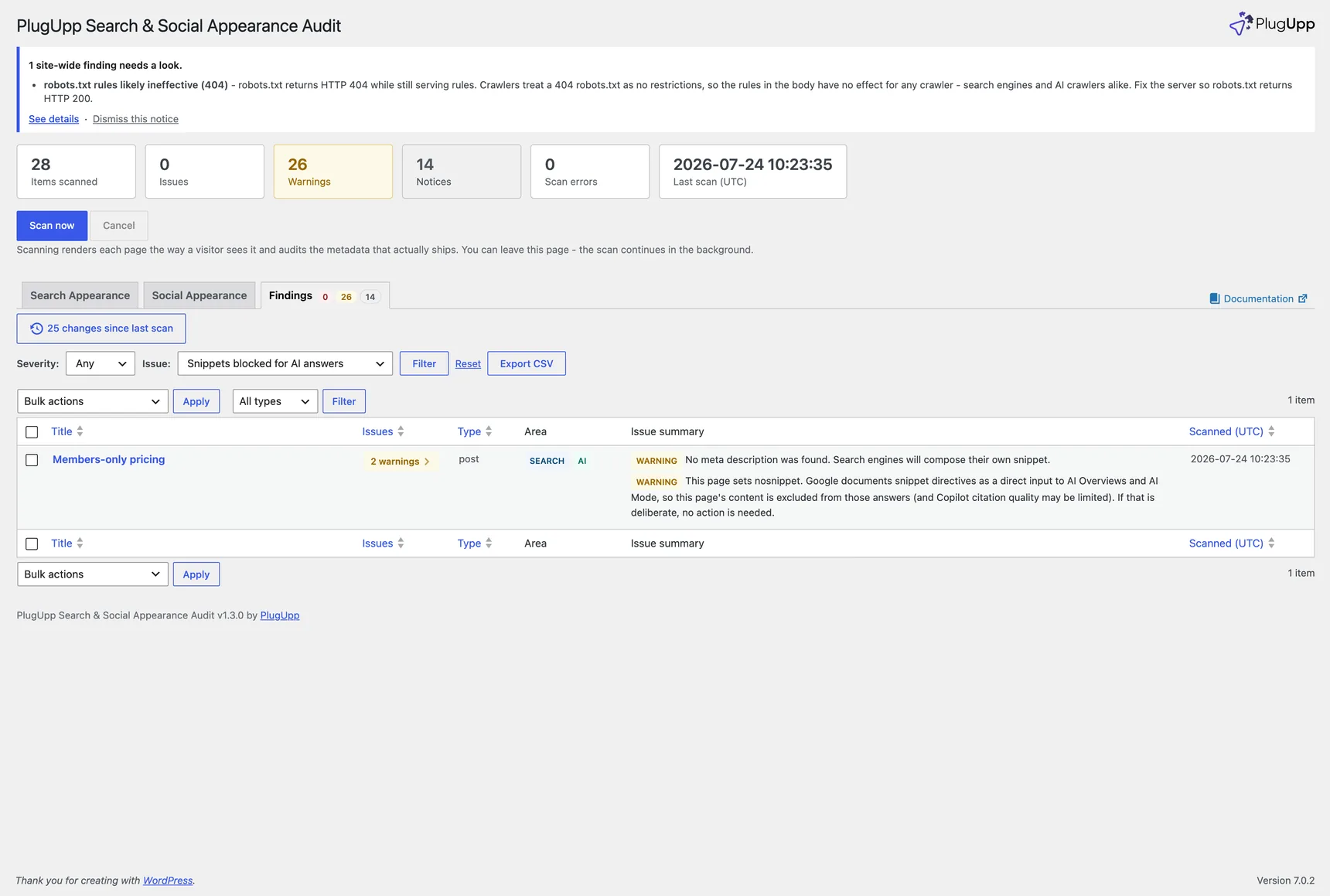 A page flagged with an AI finding, found through the paid issue filter