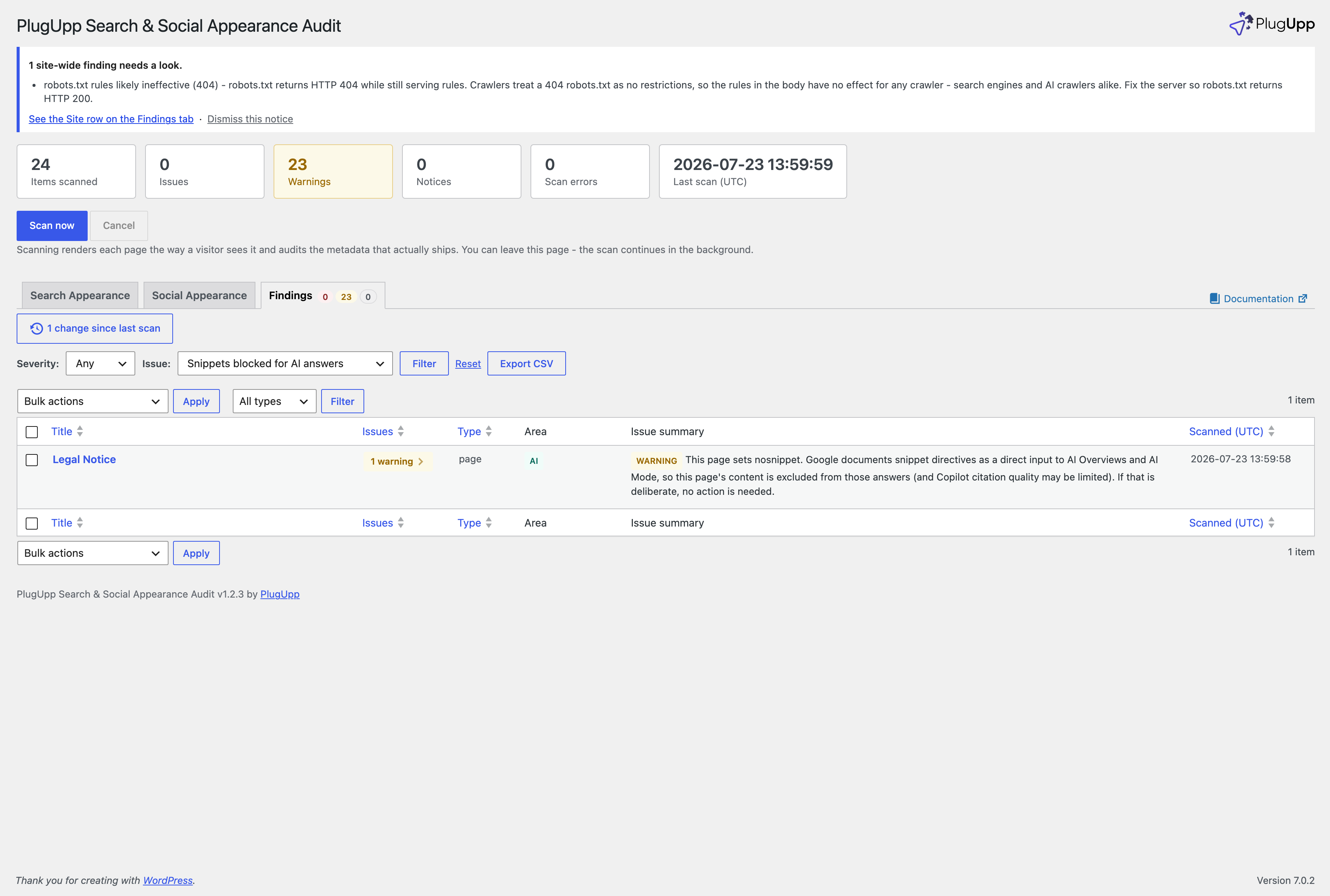 A page flagged with an AI finding, found through the paid issue filter