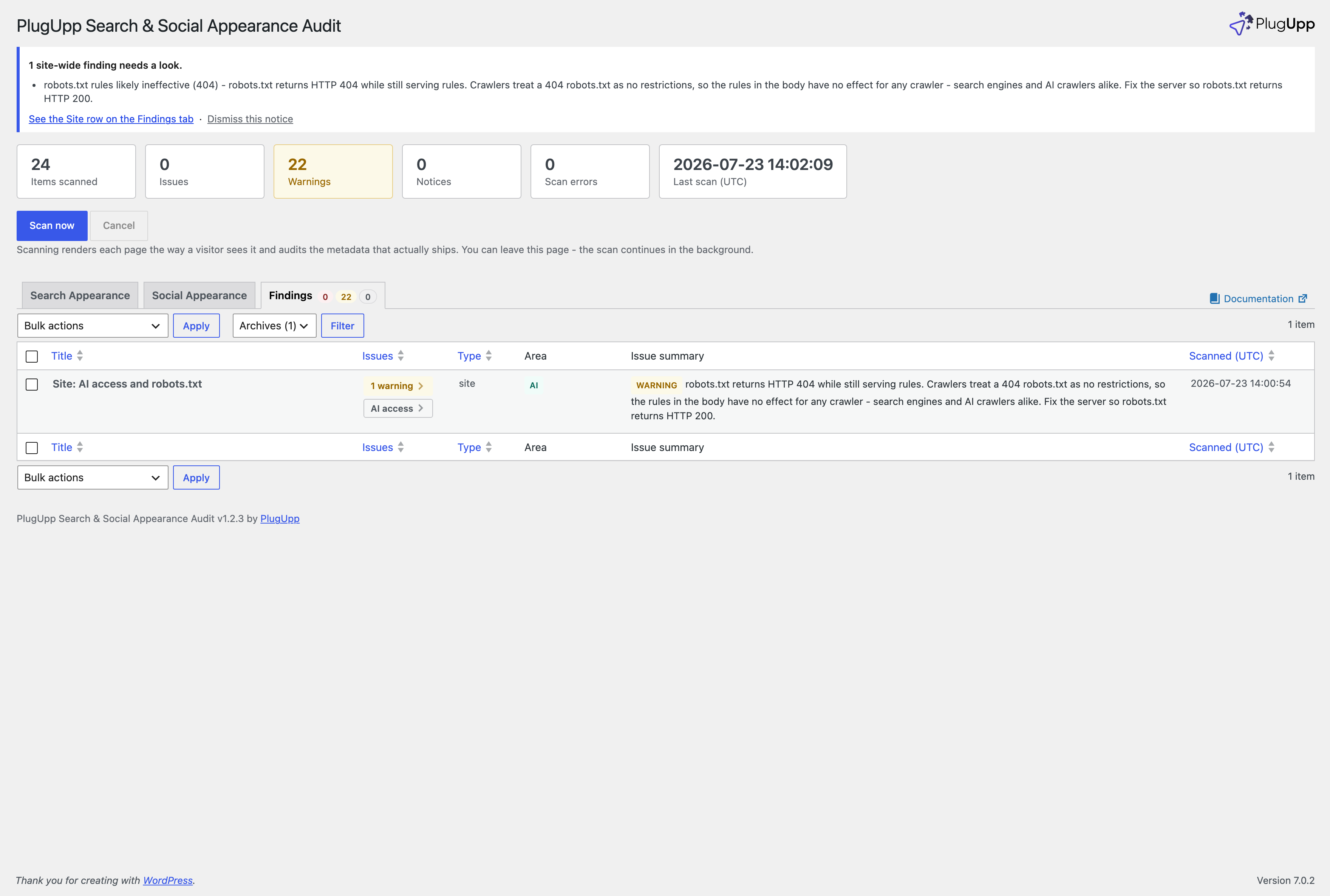 The Site row on the Findings tab, with its AI access badge and a warning about a robots.txt served with the wrong status