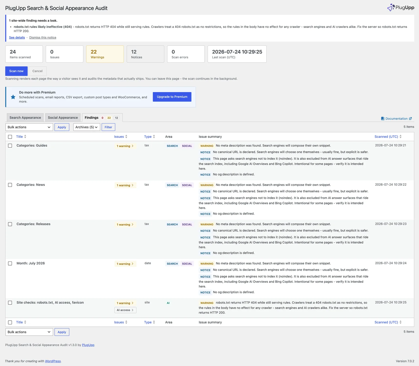 The Site row on the Findings tab, with its AI access badge and a warning about a robots.txt served with the wrong status