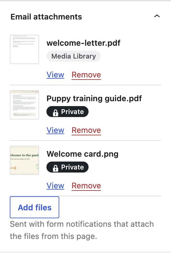 A page's Email attachments panel with three files