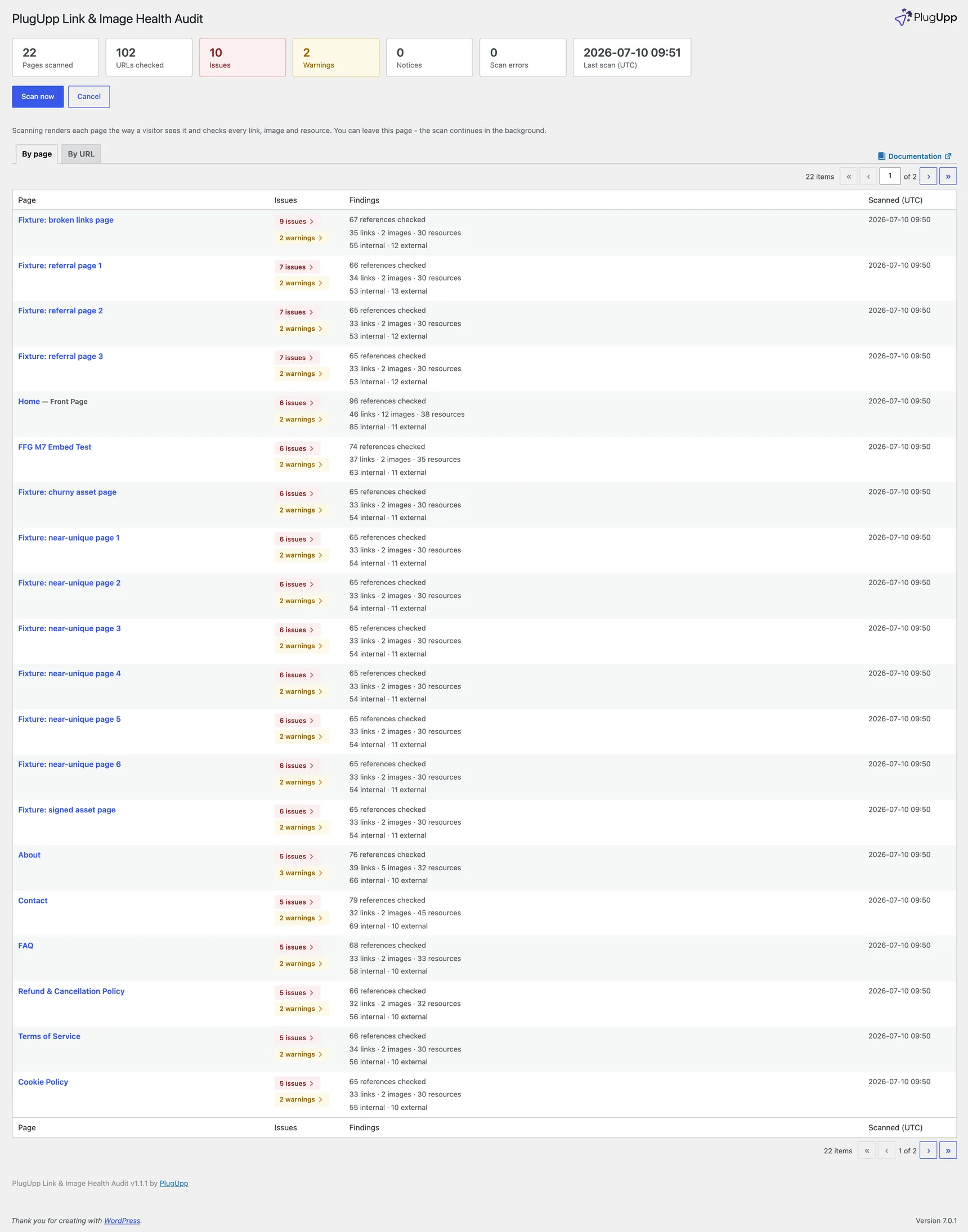 The By page view listing every scanned page with its counts