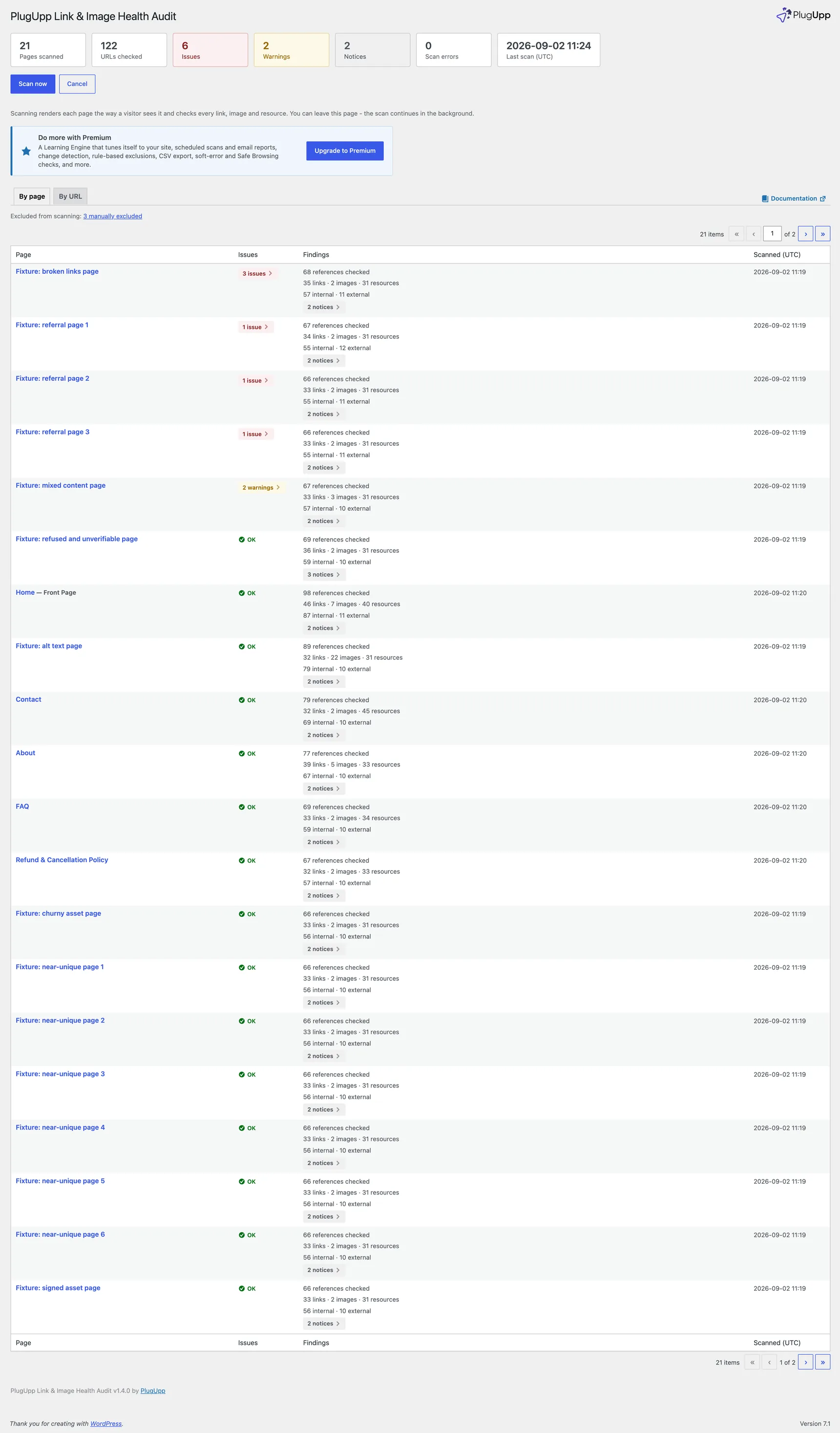 The By page view listing every scanned page with its counts