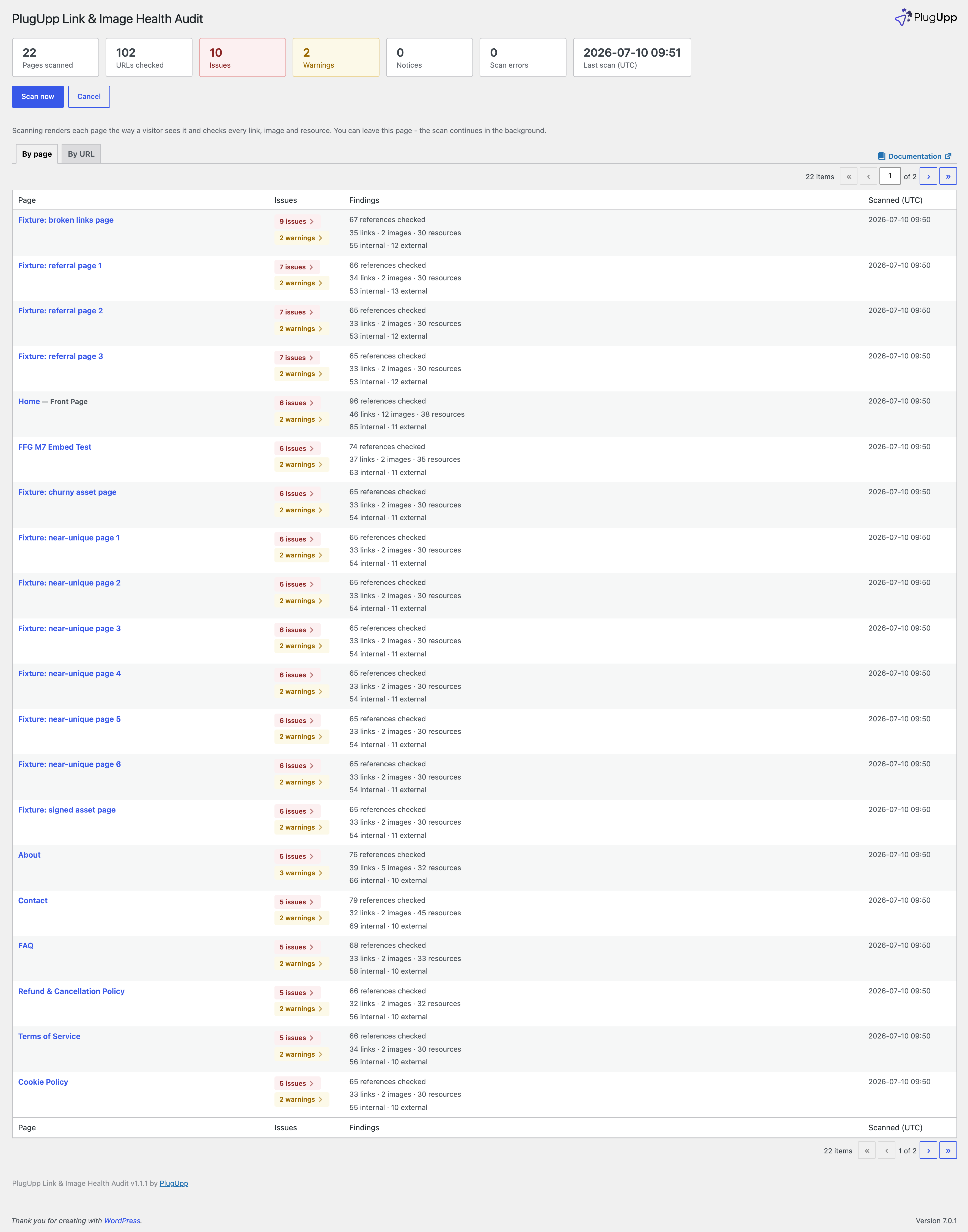 The By page view listing every scanned page with its counts