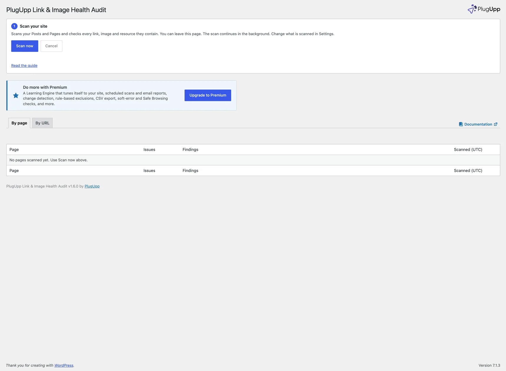 The Scan your site step on the Link Health Dashboard