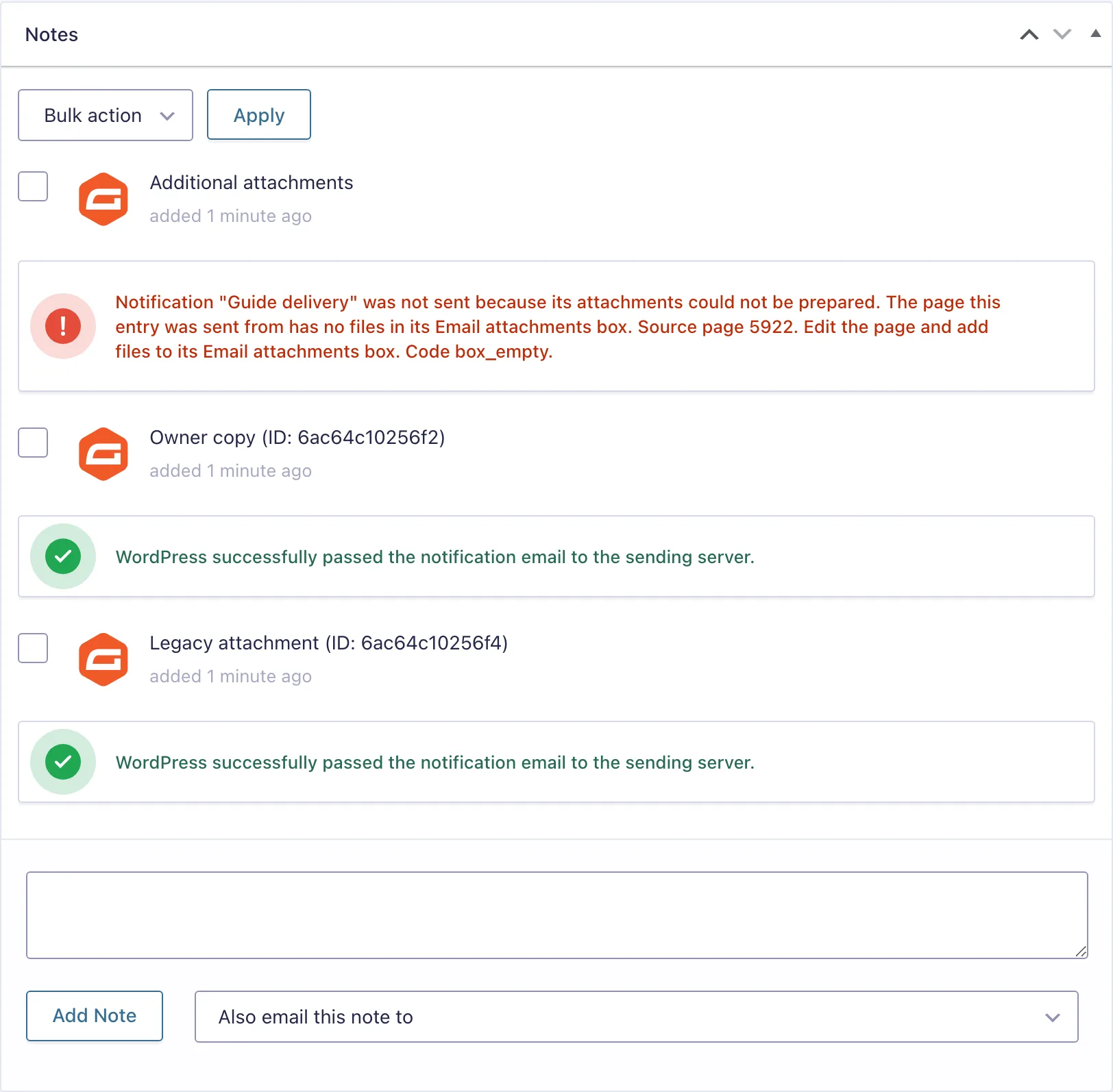 An entry note for a held-back notification