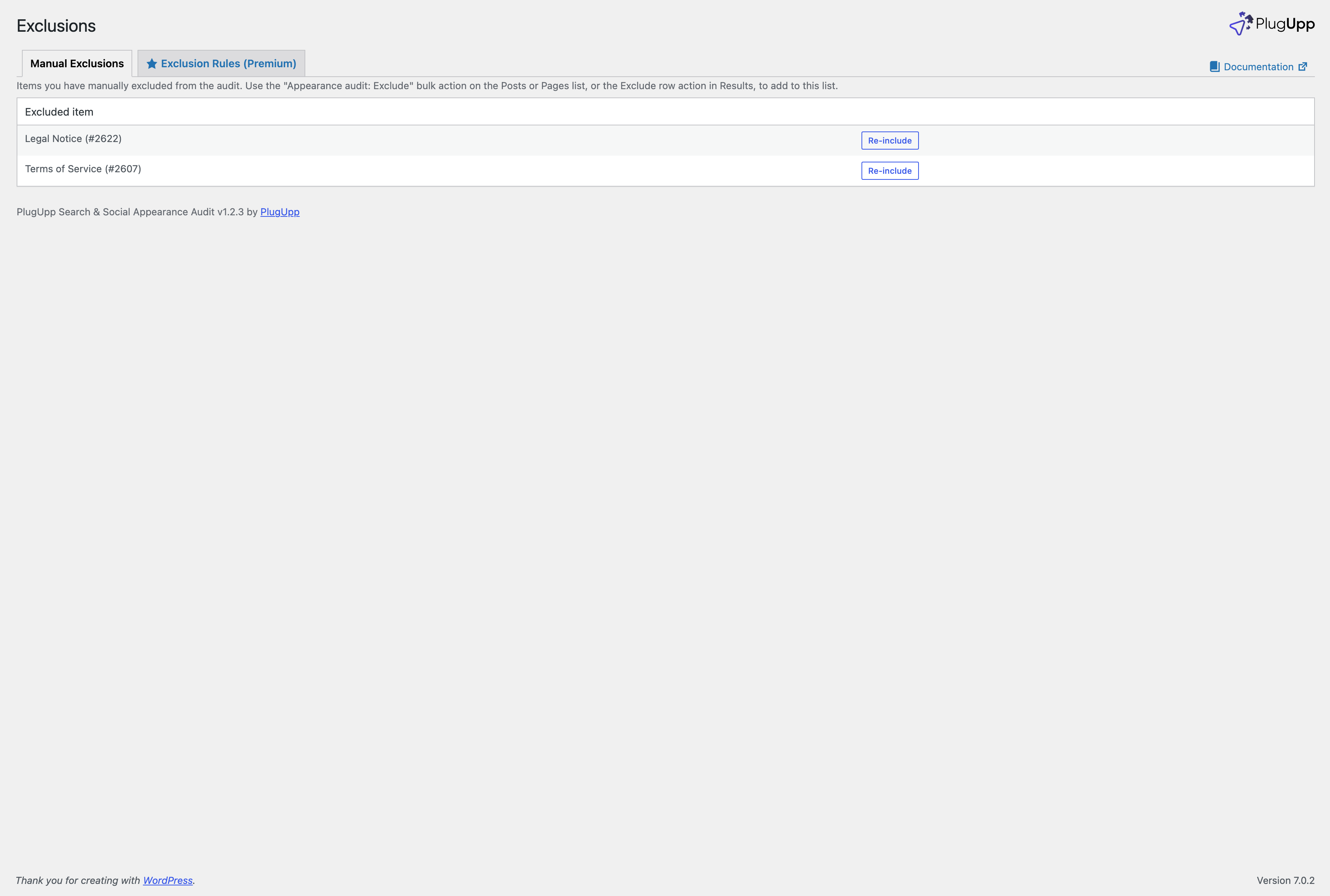 The Exclusions screen with the Manual Exclusions tab active and the Exclusion Rules tab alongside