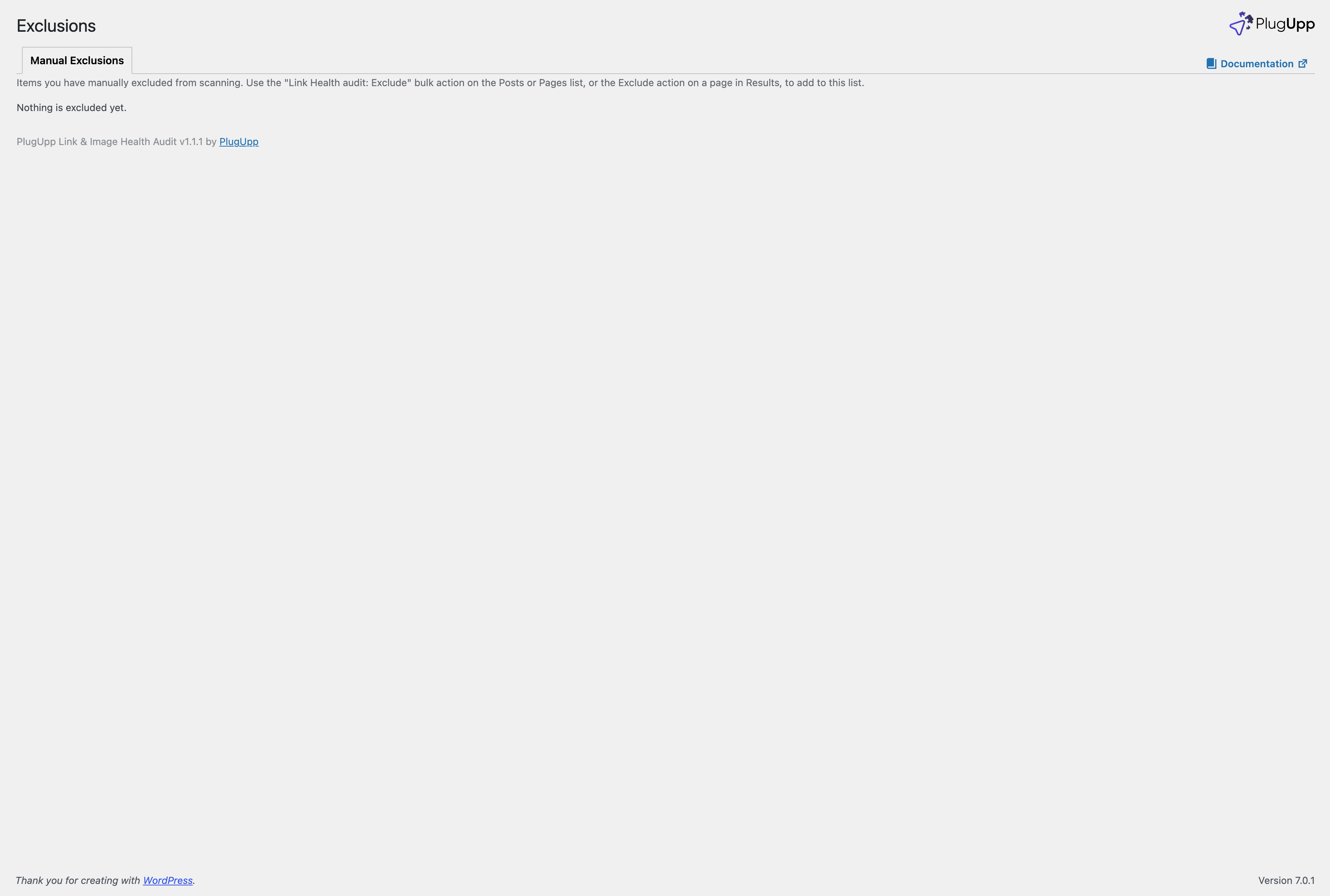 The Exclusions screen