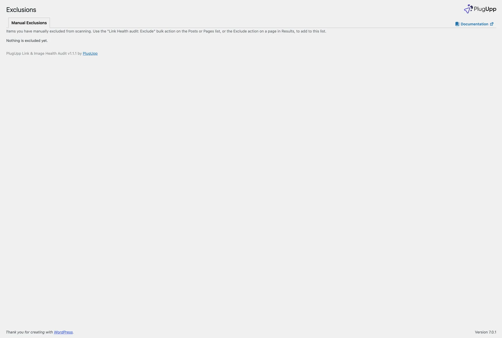 The Exclusions screen