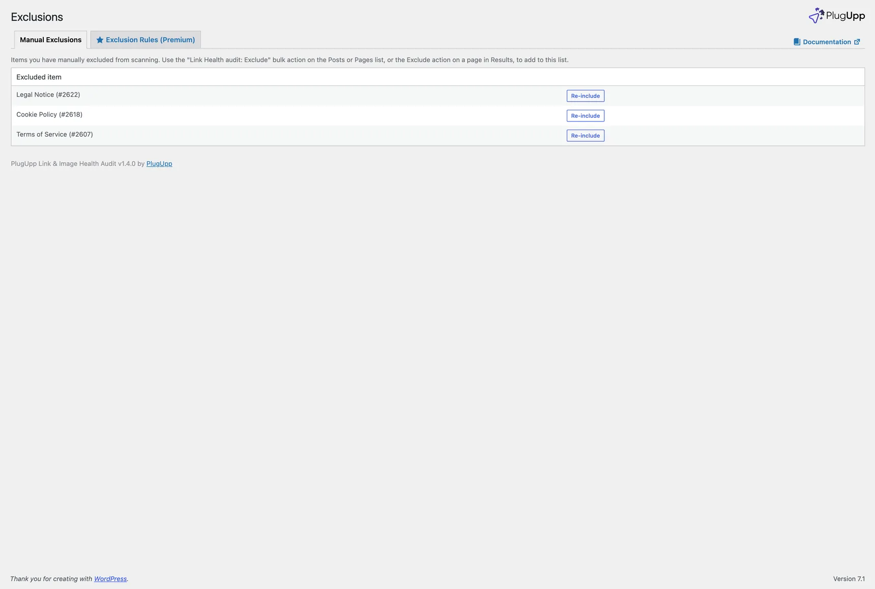 The Exclusions screen