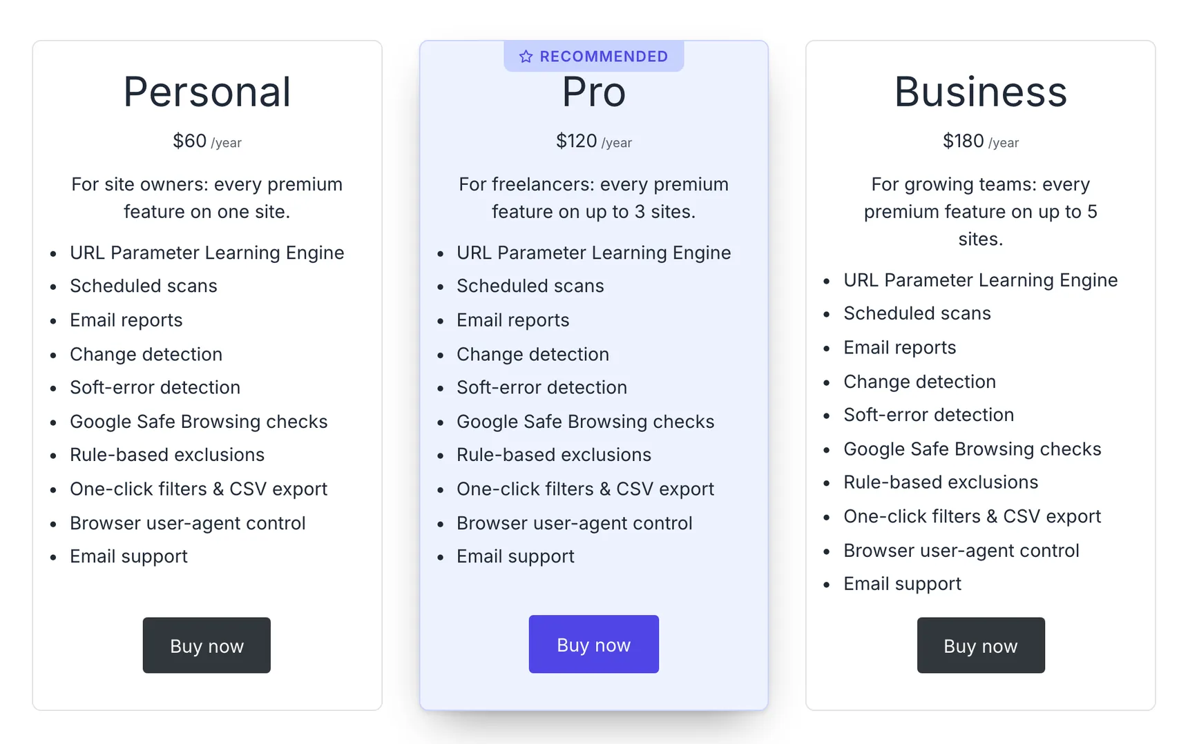 Three pricing cards side by side, the middle one carrying a Recommended badge across its top edge, an indigo border and a tinted background
