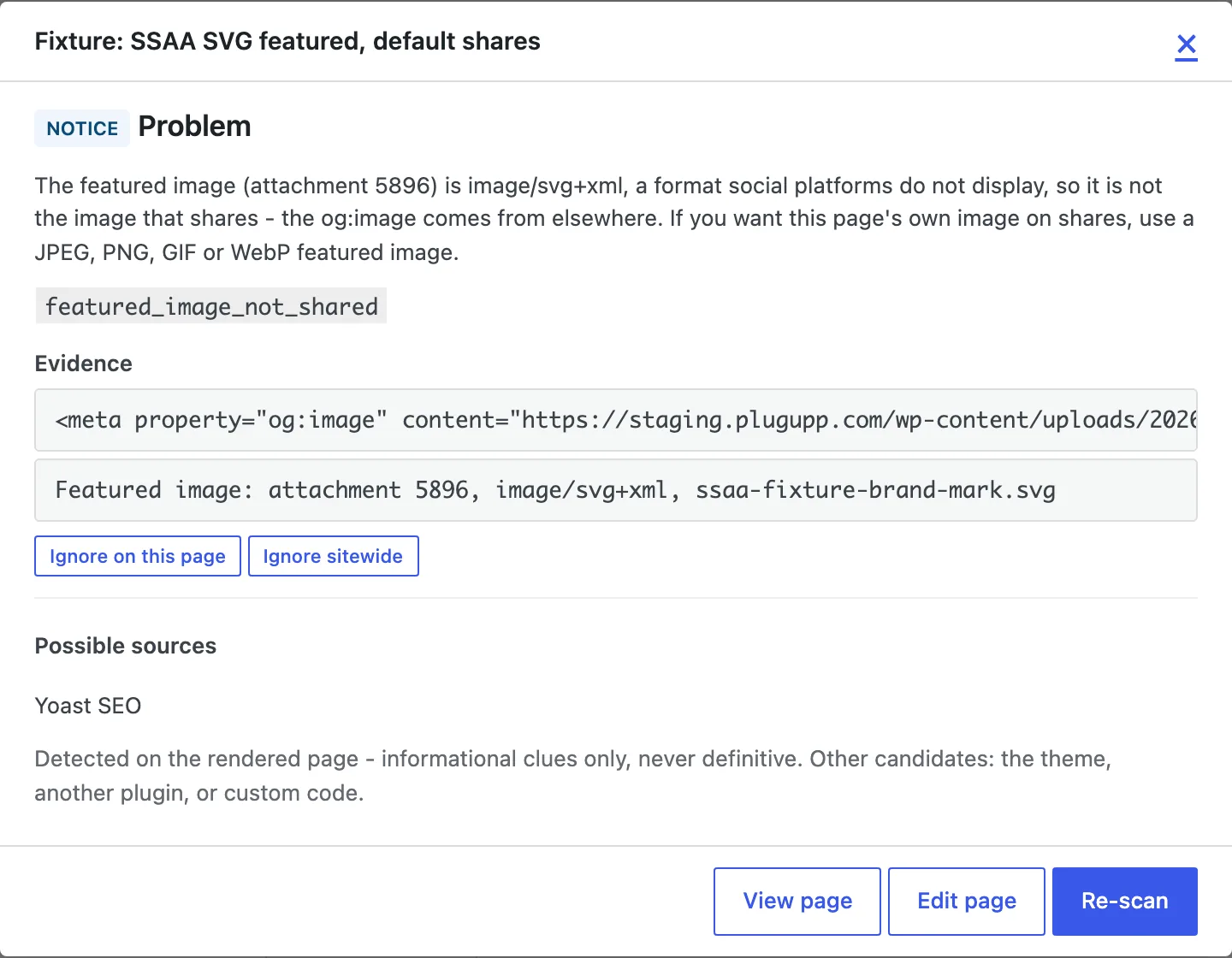 The issue-details popup showing that the featured image is not the image that shares