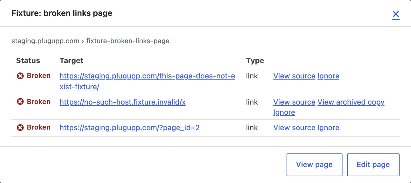 Finding details showing where a broken URL appears and the quick actions