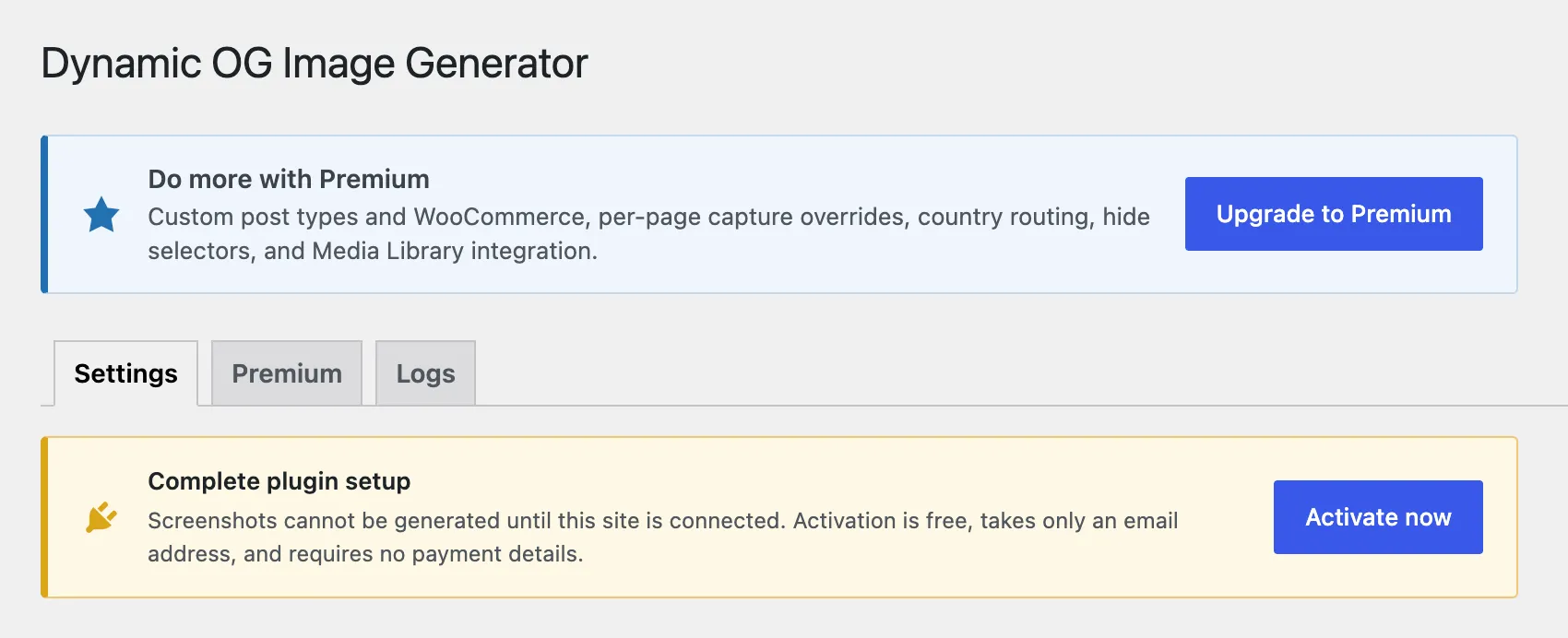 The setup prompt on the settings page