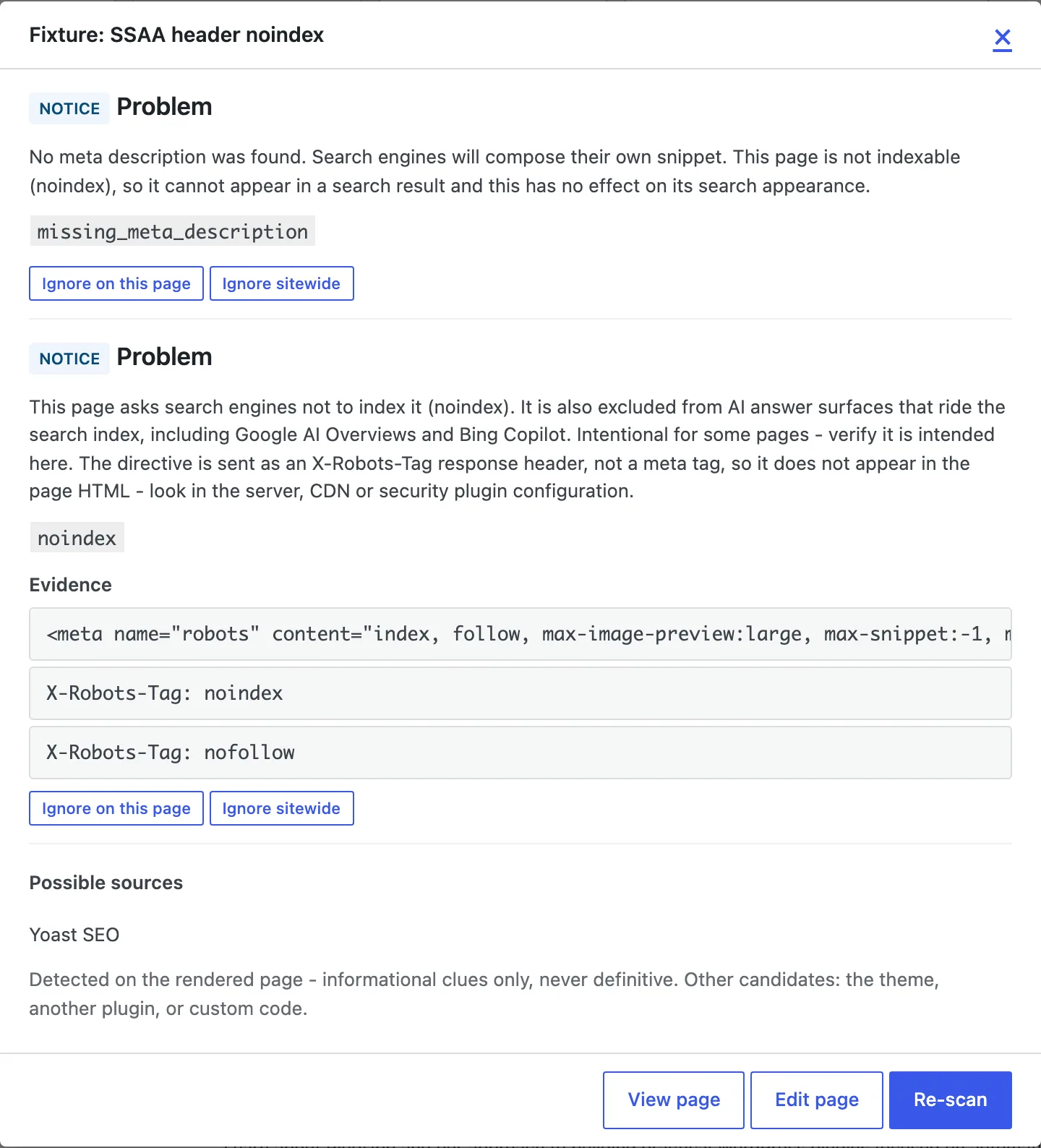 The Notices popup for a page noindexed by an X-Robots-Tag response header, with the header evidence lines