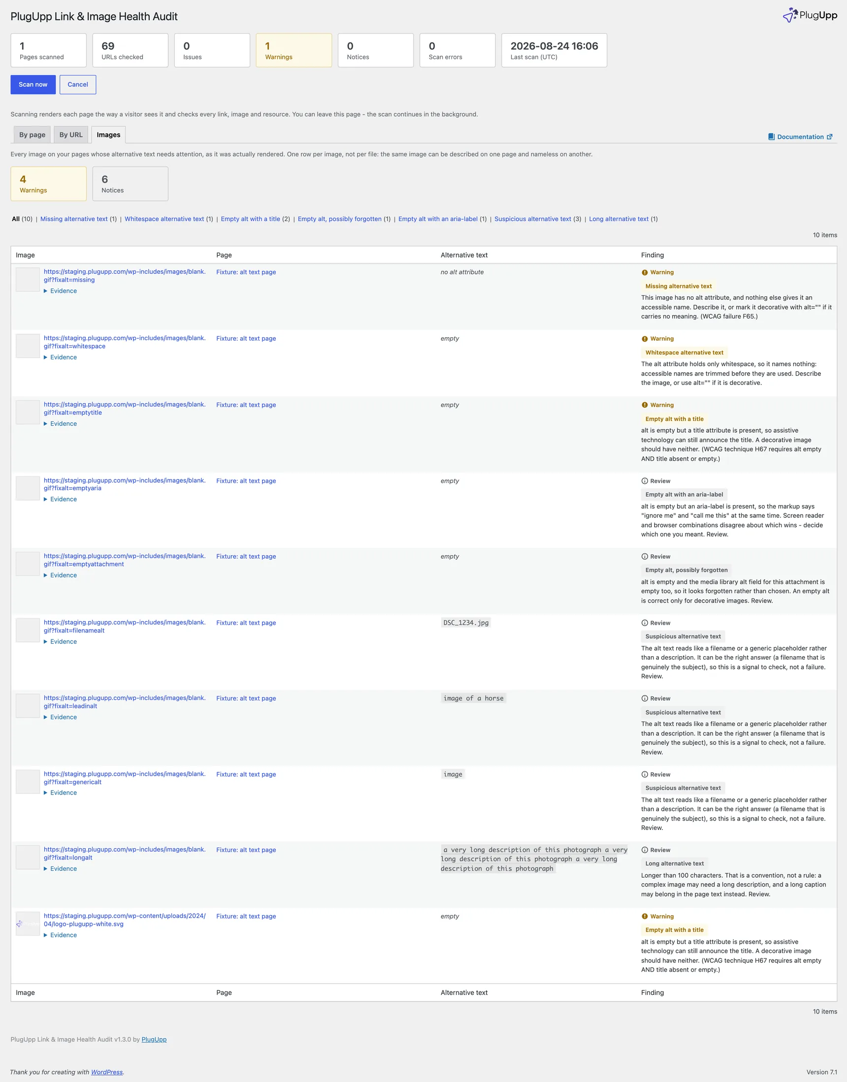 The Images view listing each image with its alternative text and a WCAG-anchored finding, with warning and review tiers (Premium)