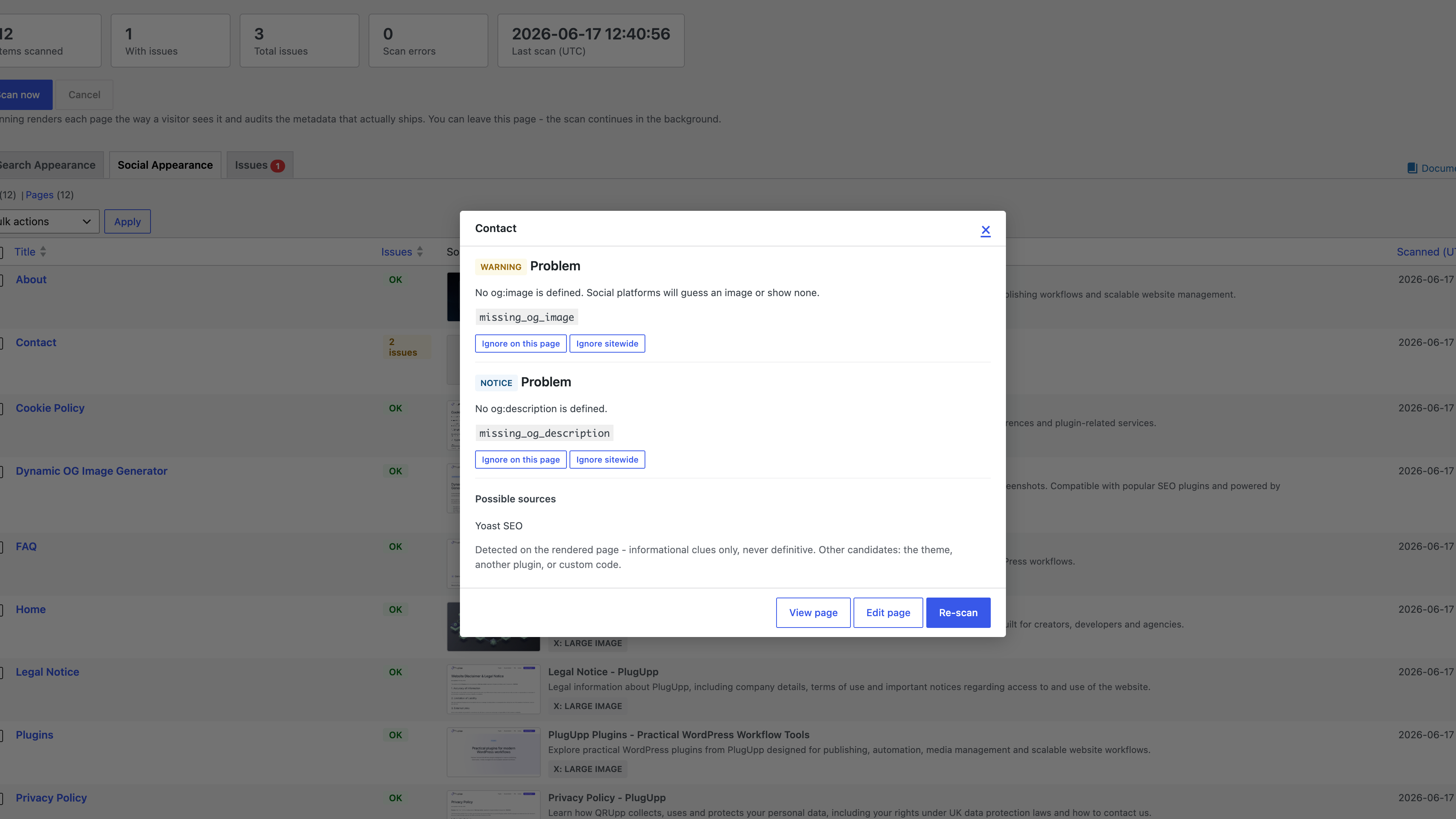 The issue-details popup showing a flagged page with its evidence and quick actions