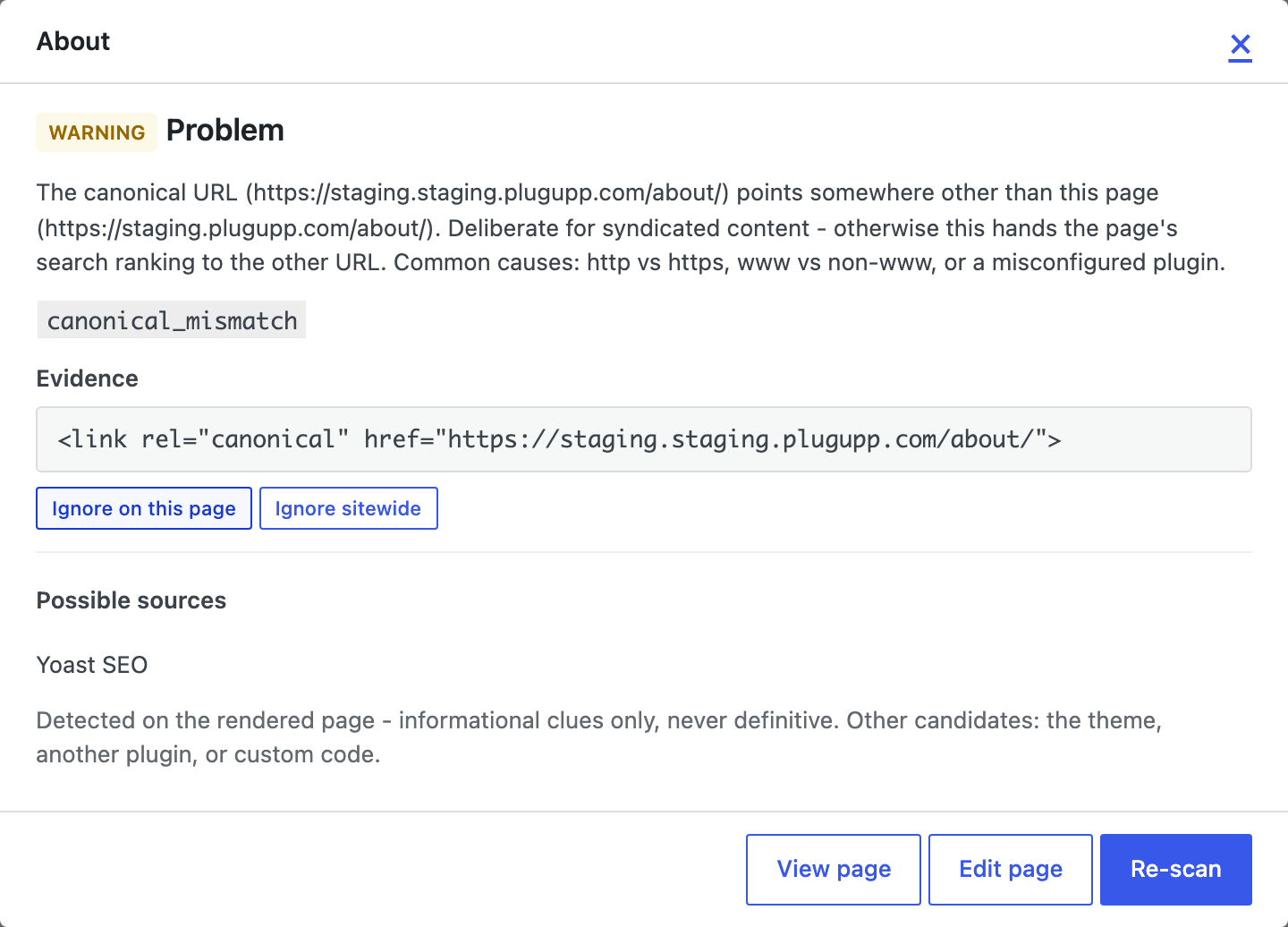 The issue-details popup showing a flagged page with its evidence and quick actions