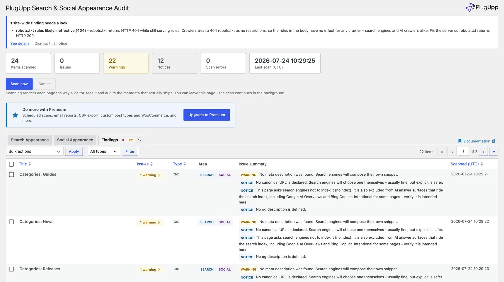 The Findings tab listing every flagged page with area and severity