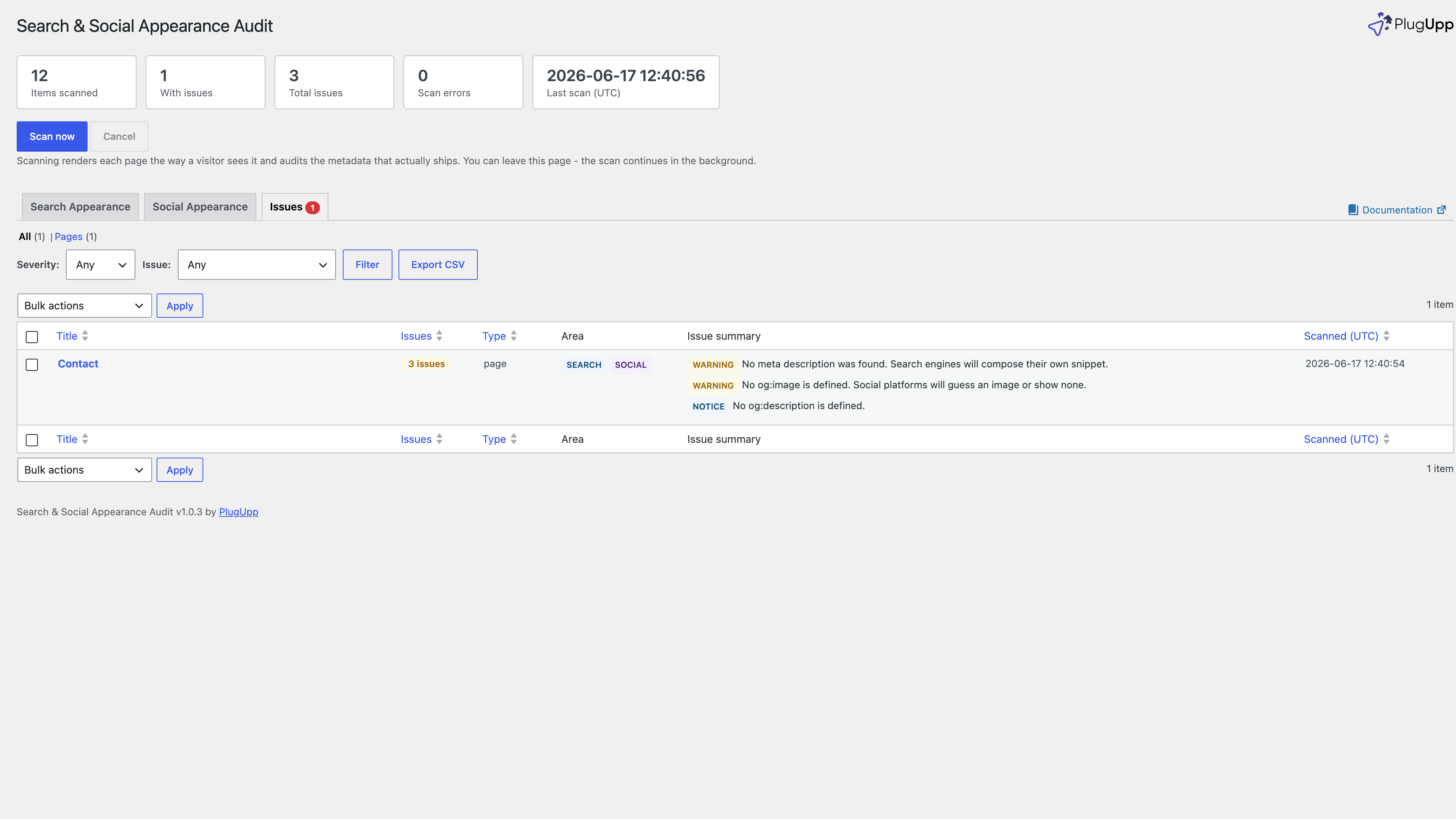 The Findings tab listing every flagged page with area and severity