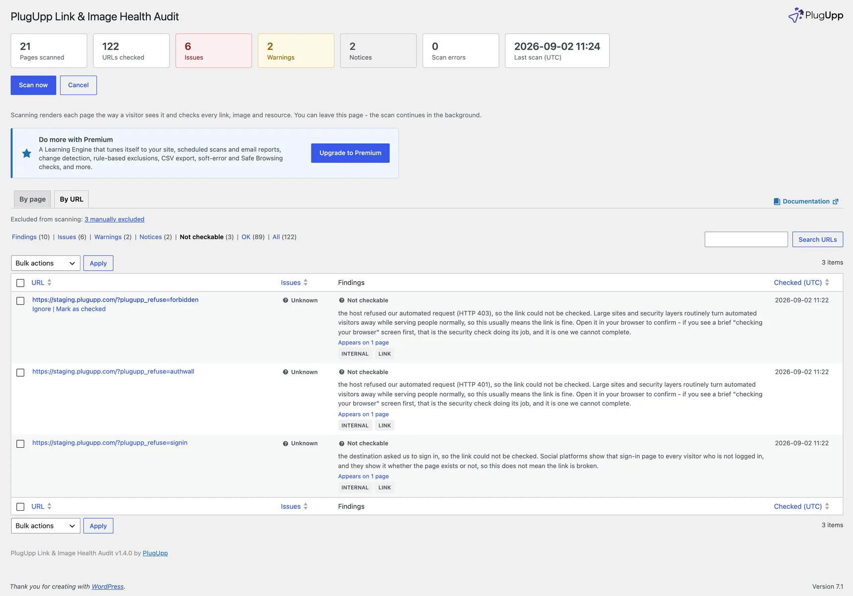 The Not checkable view, with the one-click Mark as checked action