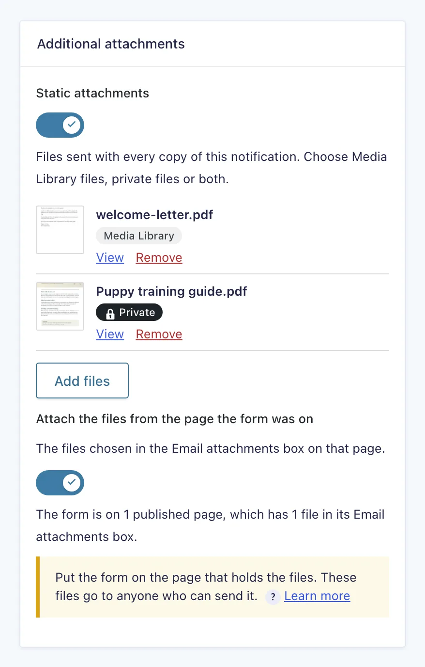 A notification's static list with a Media Library file and a private file