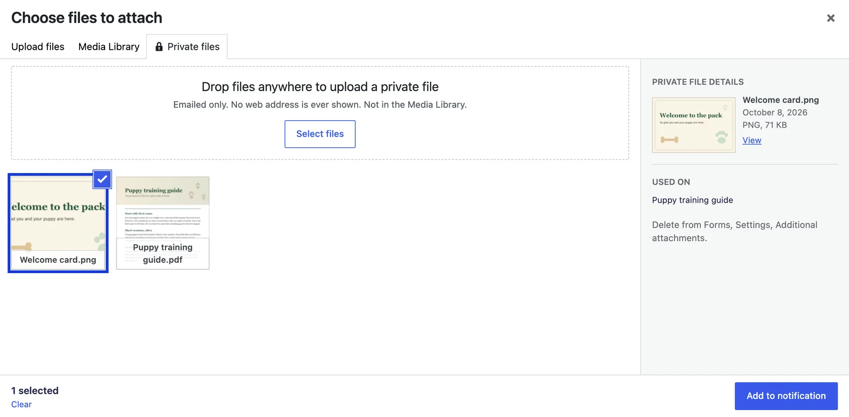 The Private files tab of the picker