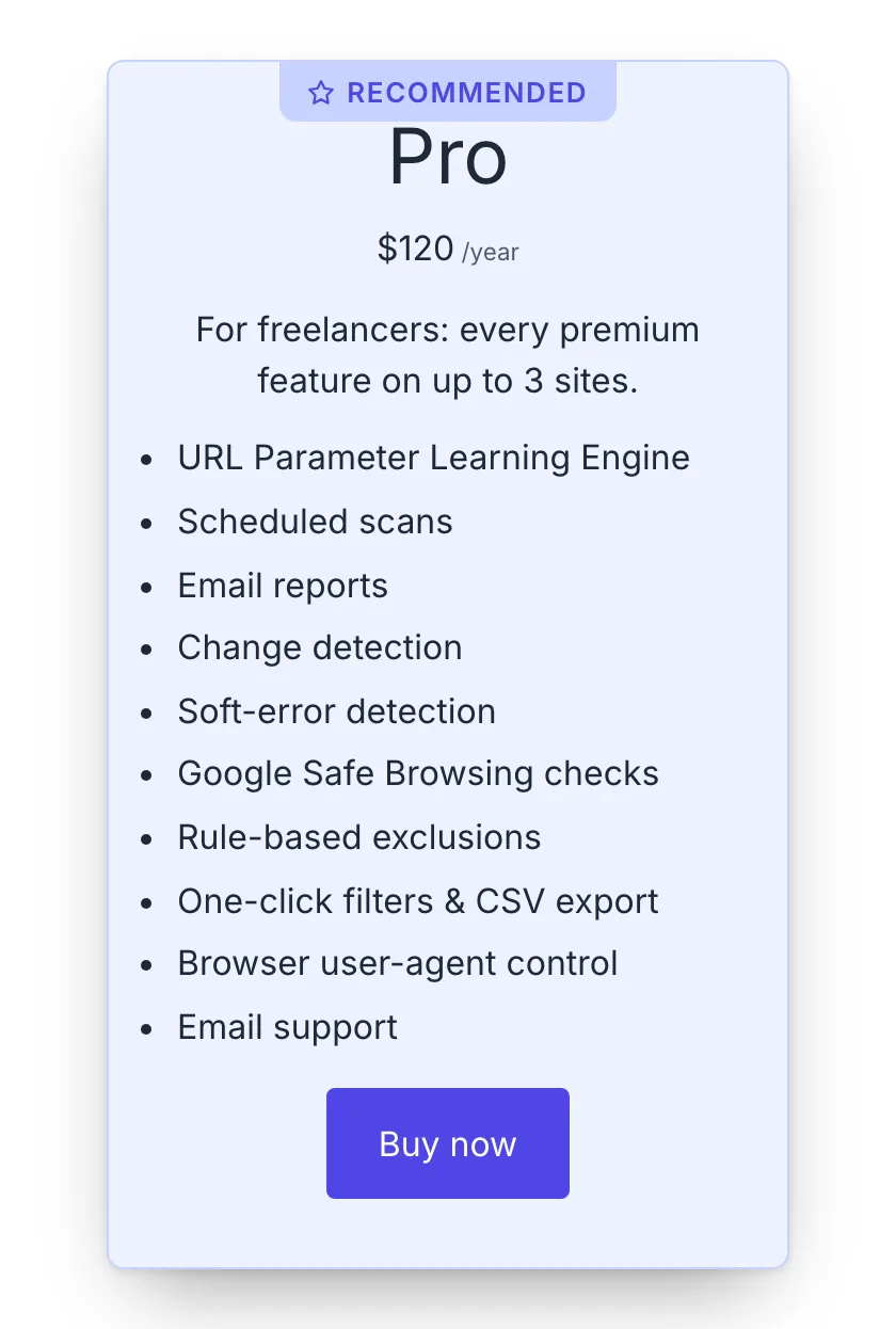 A pricing card on a page: the plan name, the live price with the text after it, the description, the feature list and a full-width buy button, with the badge it takes for being the featured plan