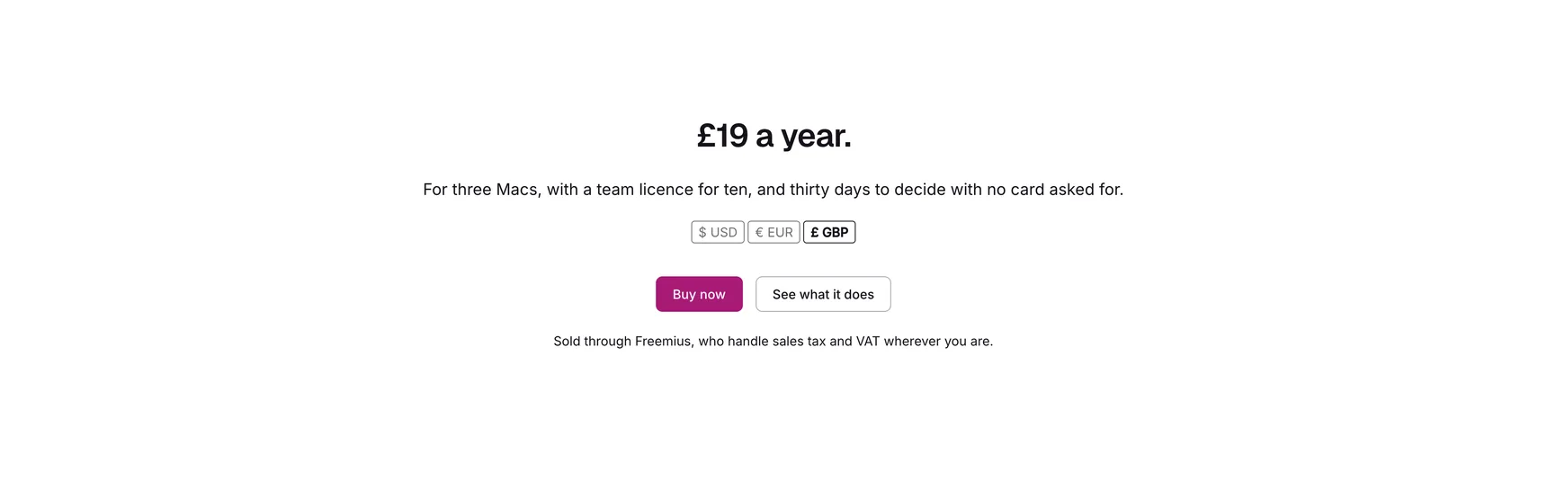 A pricing page rendering a live price, with the currency toggle and a buy button
