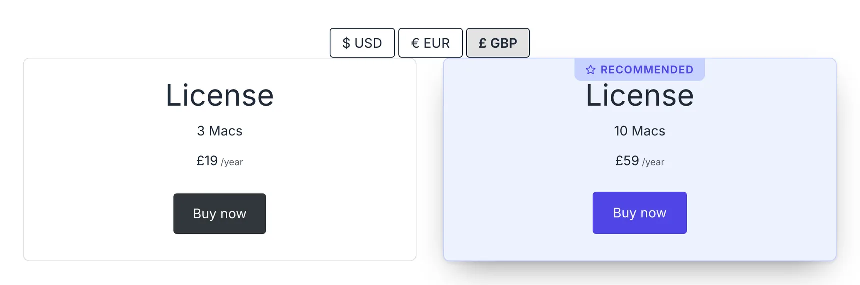 Two pricing cards showing the same prices in a visitor's own currency, with the currency toggle above them