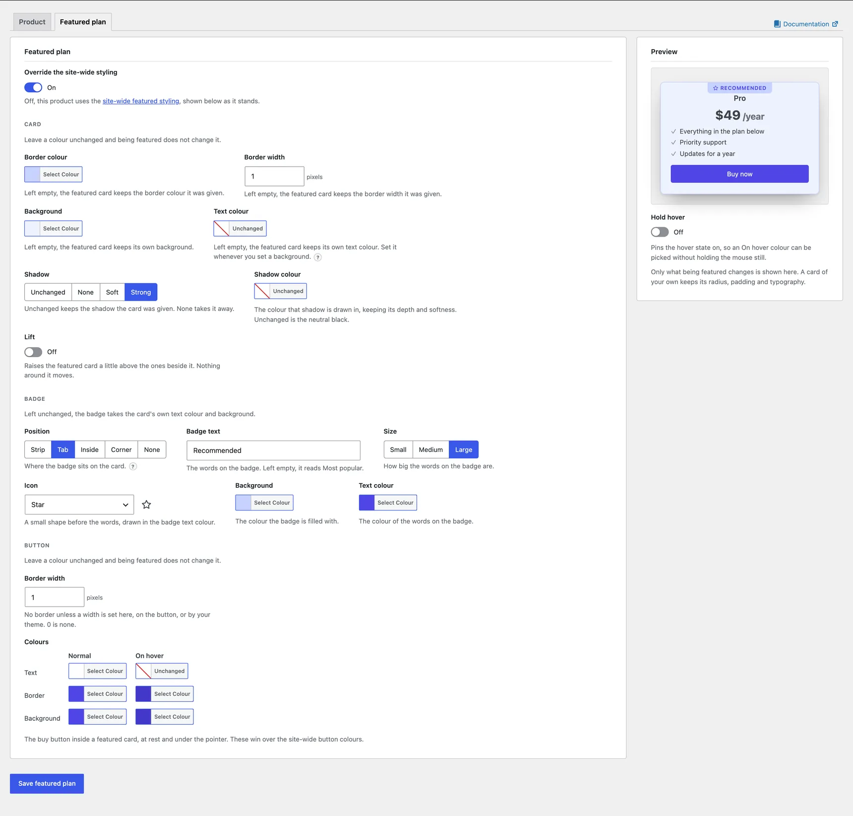 A product's Featured plan tab with the override on: the fieldset and its preview