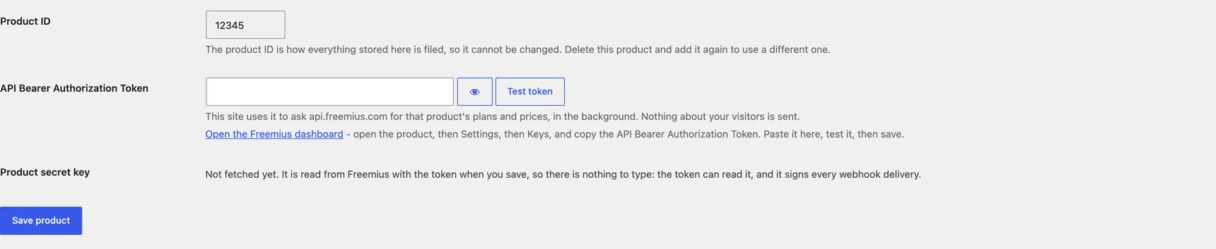 A product's own screen: the API Bearer Authorization Token with its Test button and the secret key on file