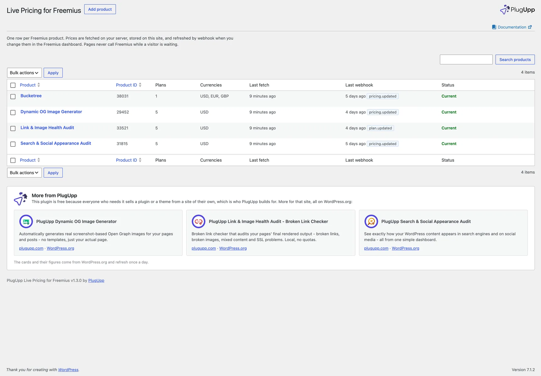 The Products screen: one row per product with its plans, currencies, last fetch, last webhook and status