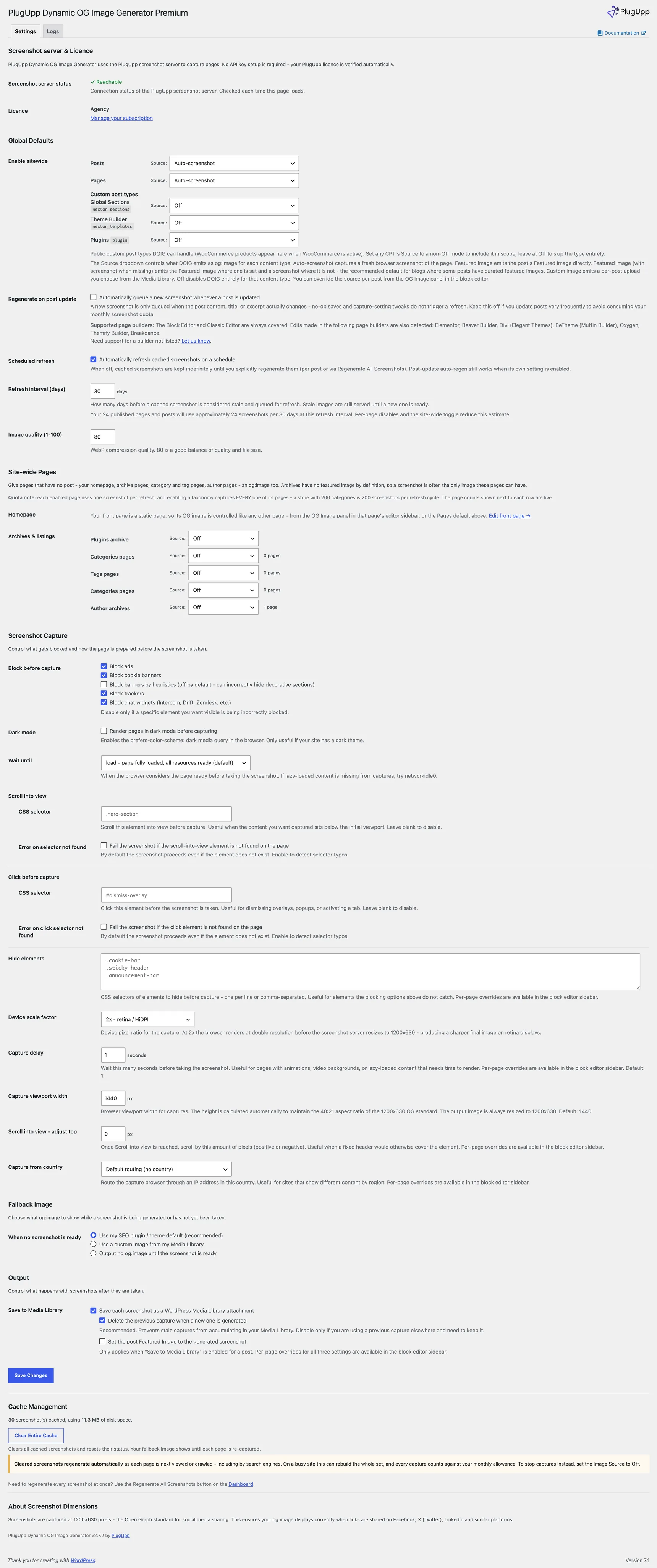 The OG Images settings page