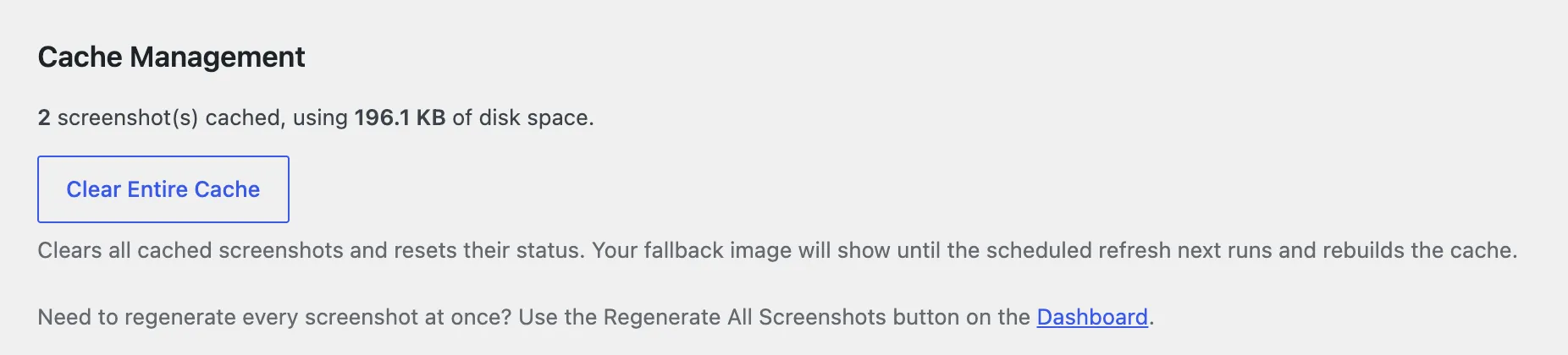 Cache statistics on the settings page