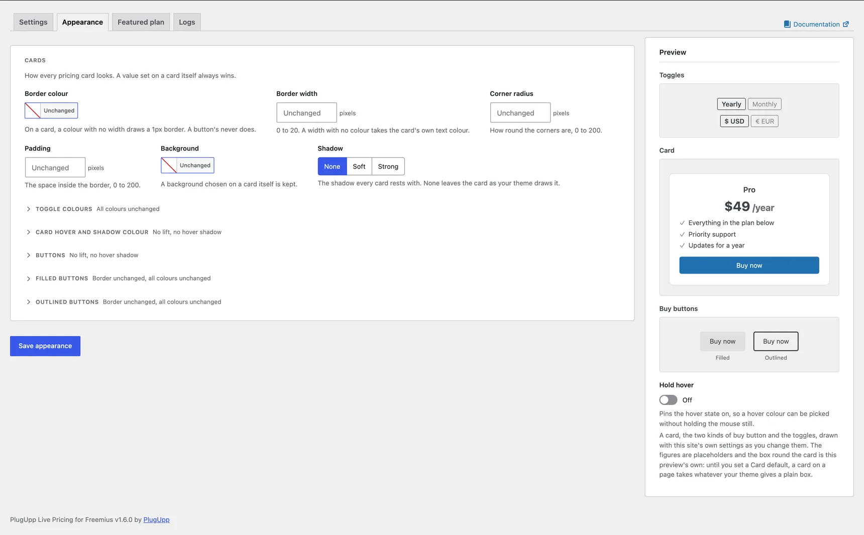 The Cards, Buttons, Filled buttons and Outlined buttons groups on the Appearance tab, with the live preview beside them: the two toggles, a card, a filled and an outlined buy button and a Hold hover switch
