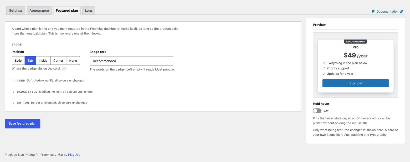 The Featured plan tab on the Settings screen: the Card, Badge and Button groups in one column and a live preview of the card in the other