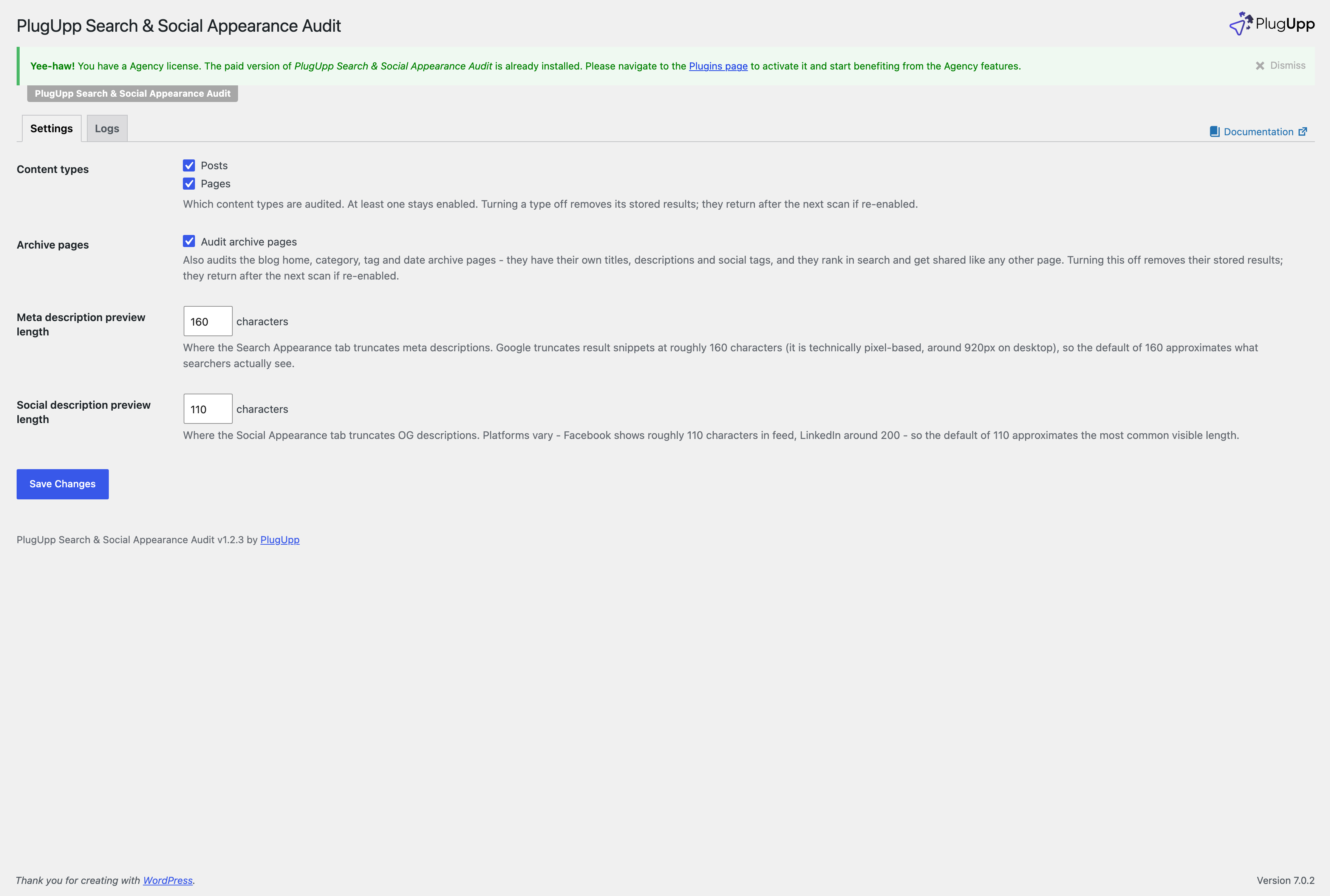 The PlugUpp Search & Social Appearance Audit settings page