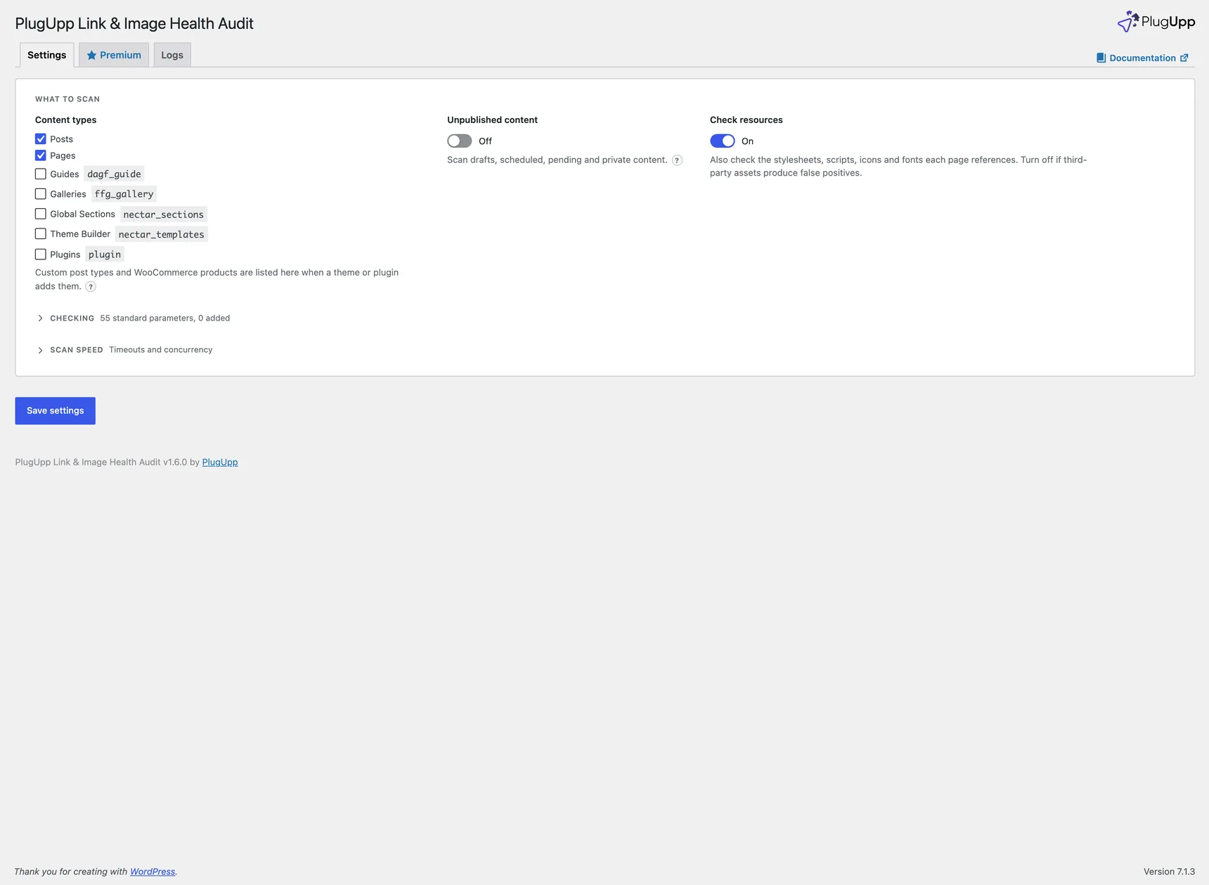 The PlugUpp Link & Image Health Audit settings page