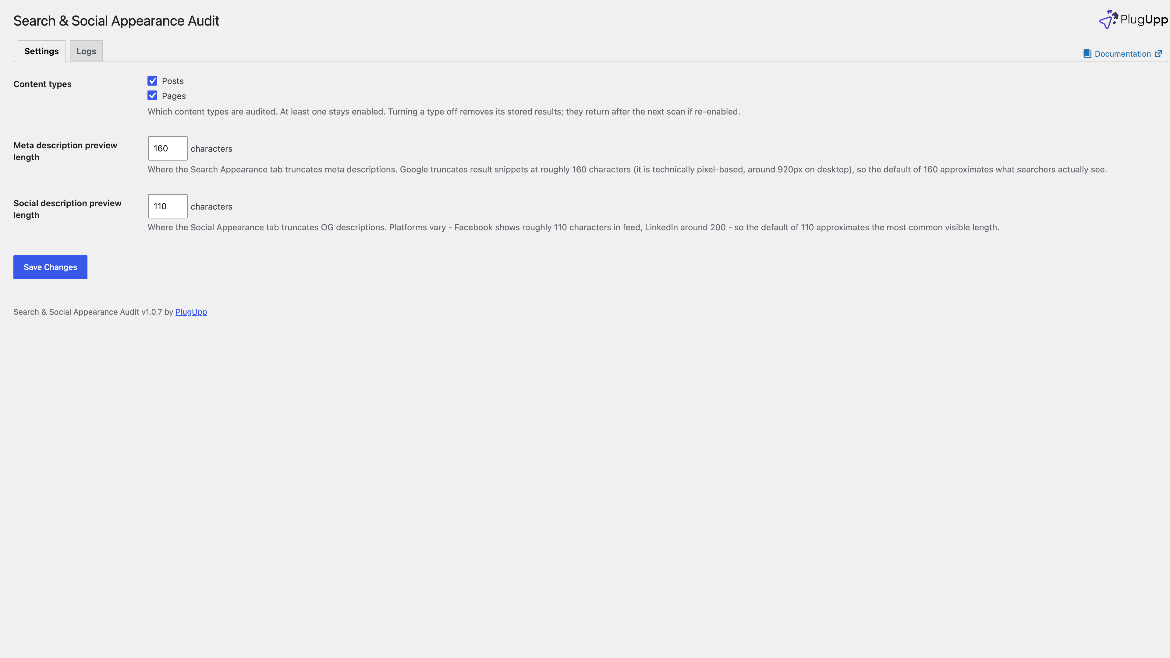 The Search &amp; Social Appearance Audit settings page
