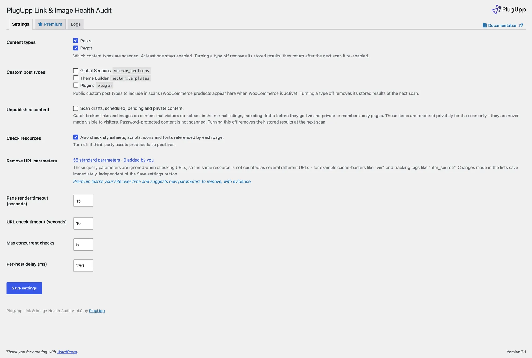 The PlugUpp Link &amp; Image Health Audit settings page