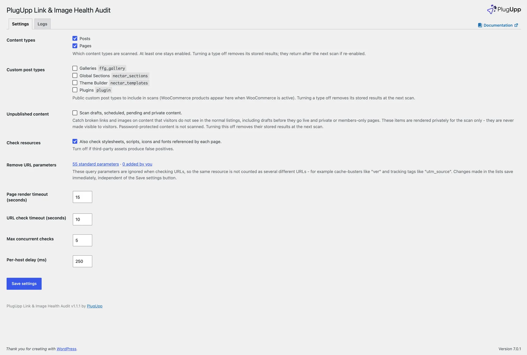 The PlugUpp Link &amp; Image Health Audit settings page