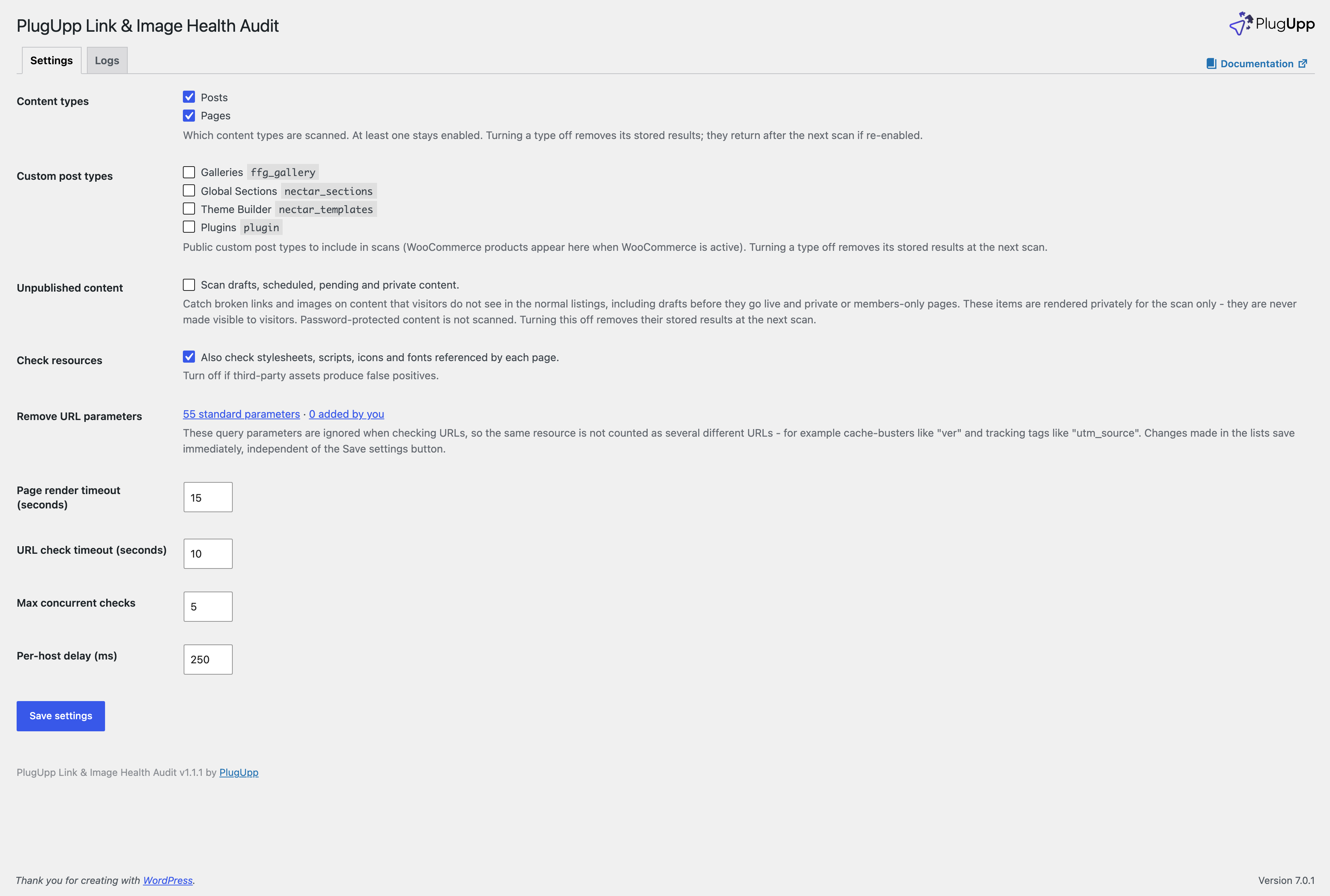 The PlugUpp Link & Image Health Audit settings page