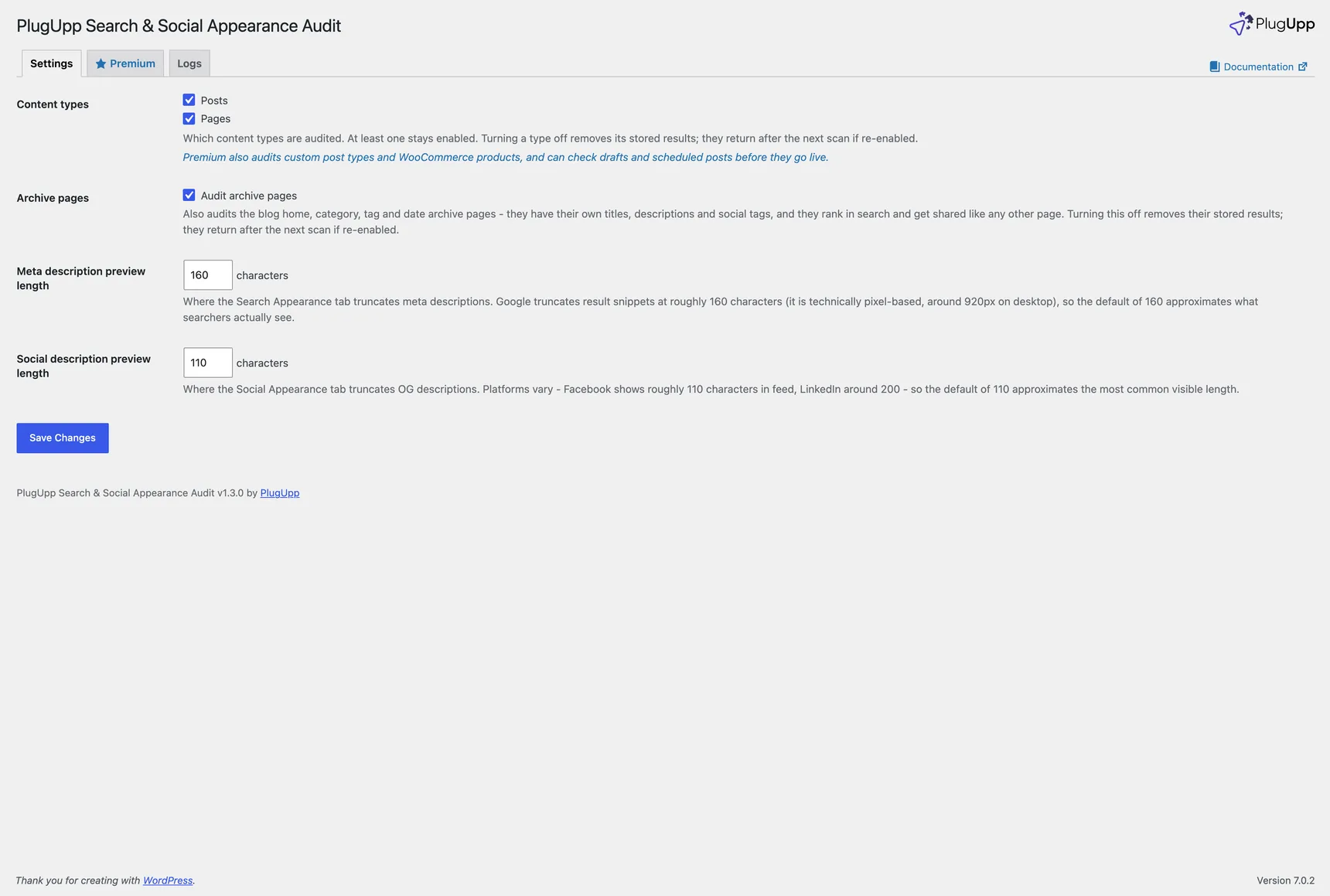 The PlugUpp Search & Social Appearance Audit settings page