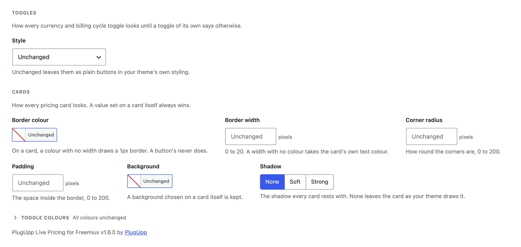 The Toggles group on the Appearance tab: a Style select reading Unchanged, and a Colours grid with Normal and Active columns for Text and Background, all Unchanged