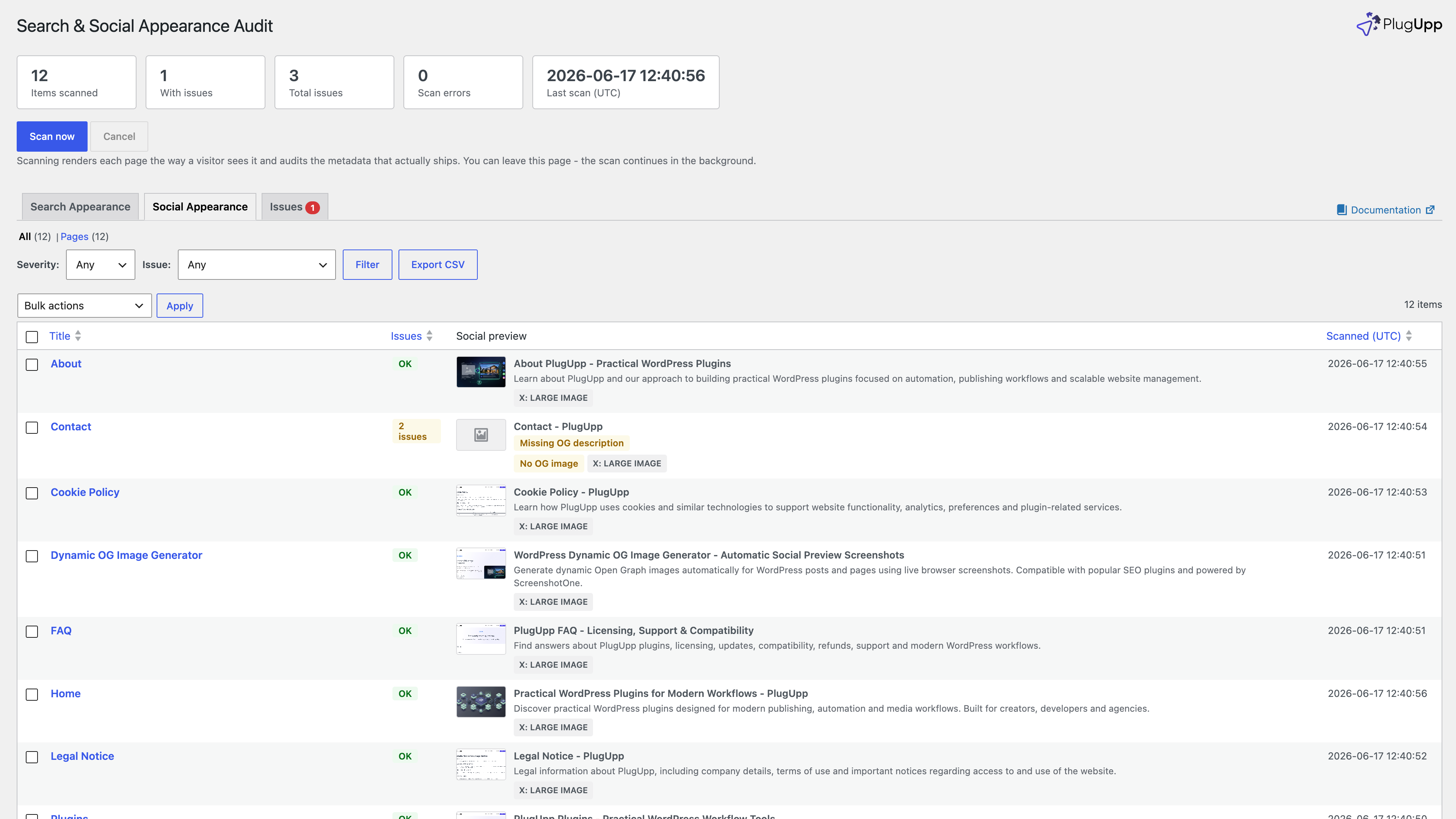 The Social Appearance tab showing pages as social share-card previews