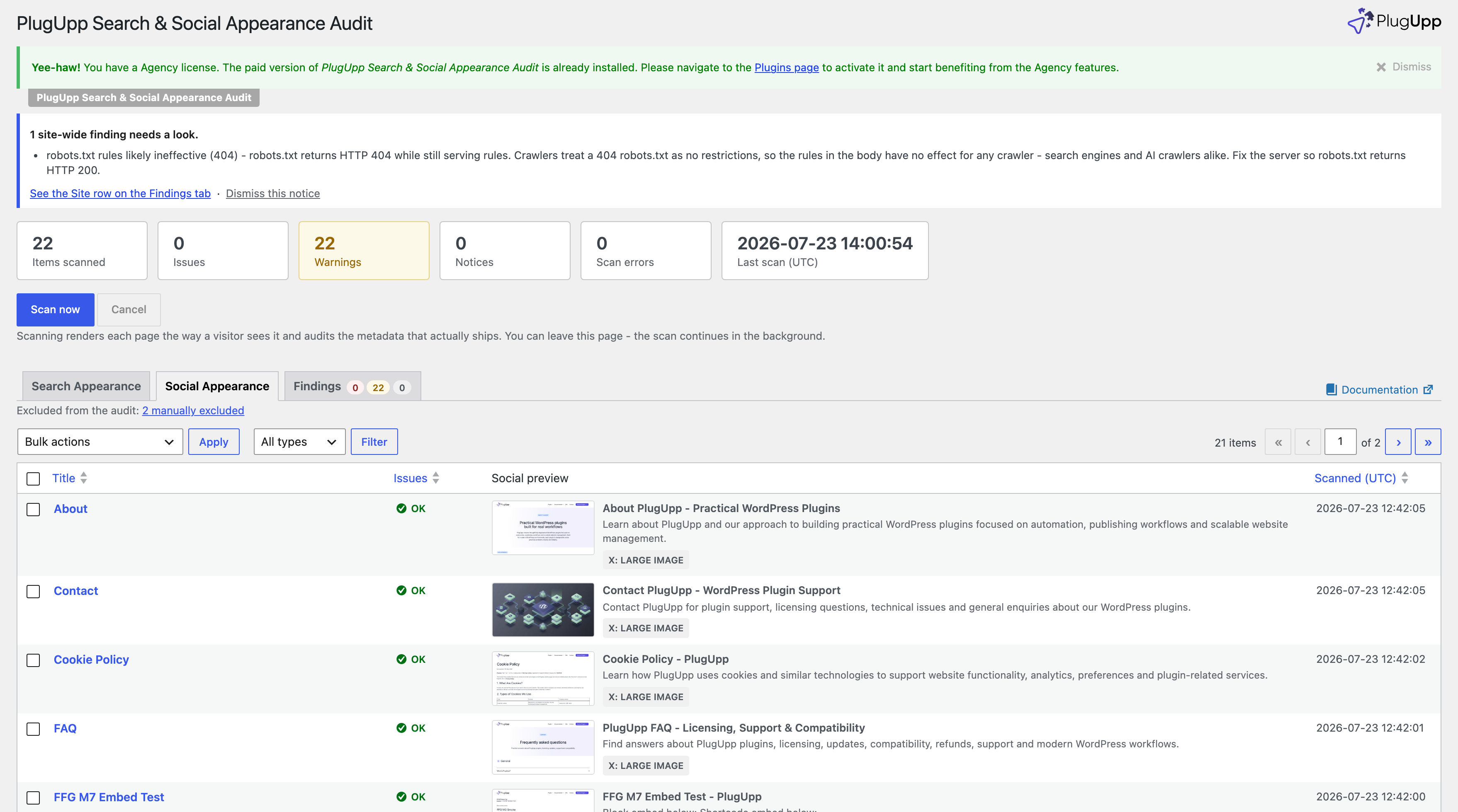 The Social Appearance tab showing pages as social share-card previews