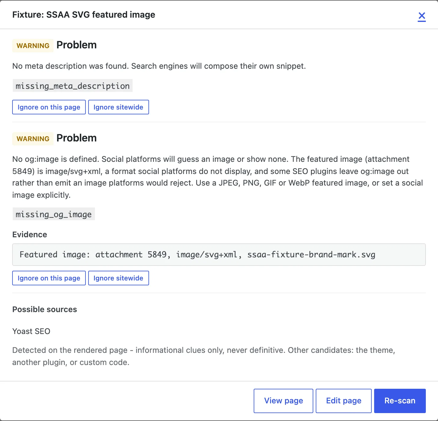 The issue-details popup showing a missing social image with the featured image named as the cause