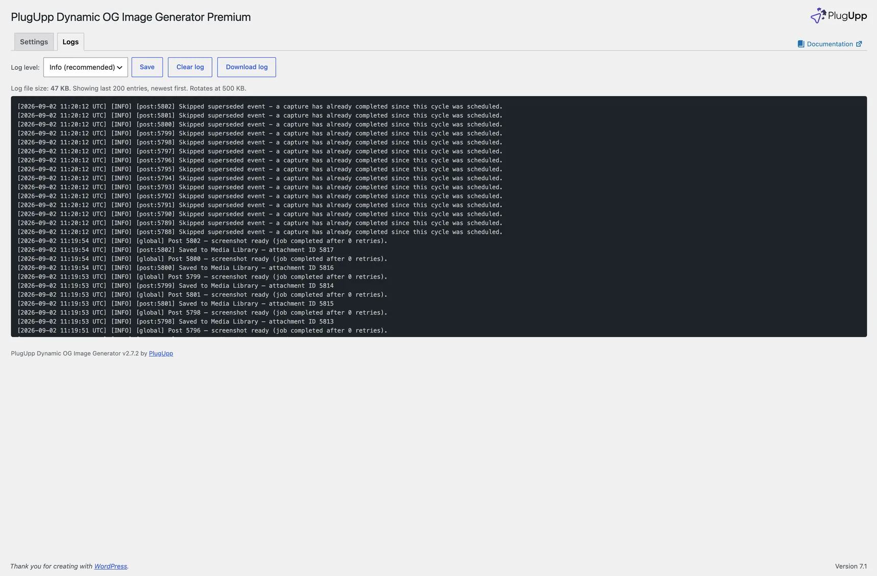 The Logs tab in the plugin settings
